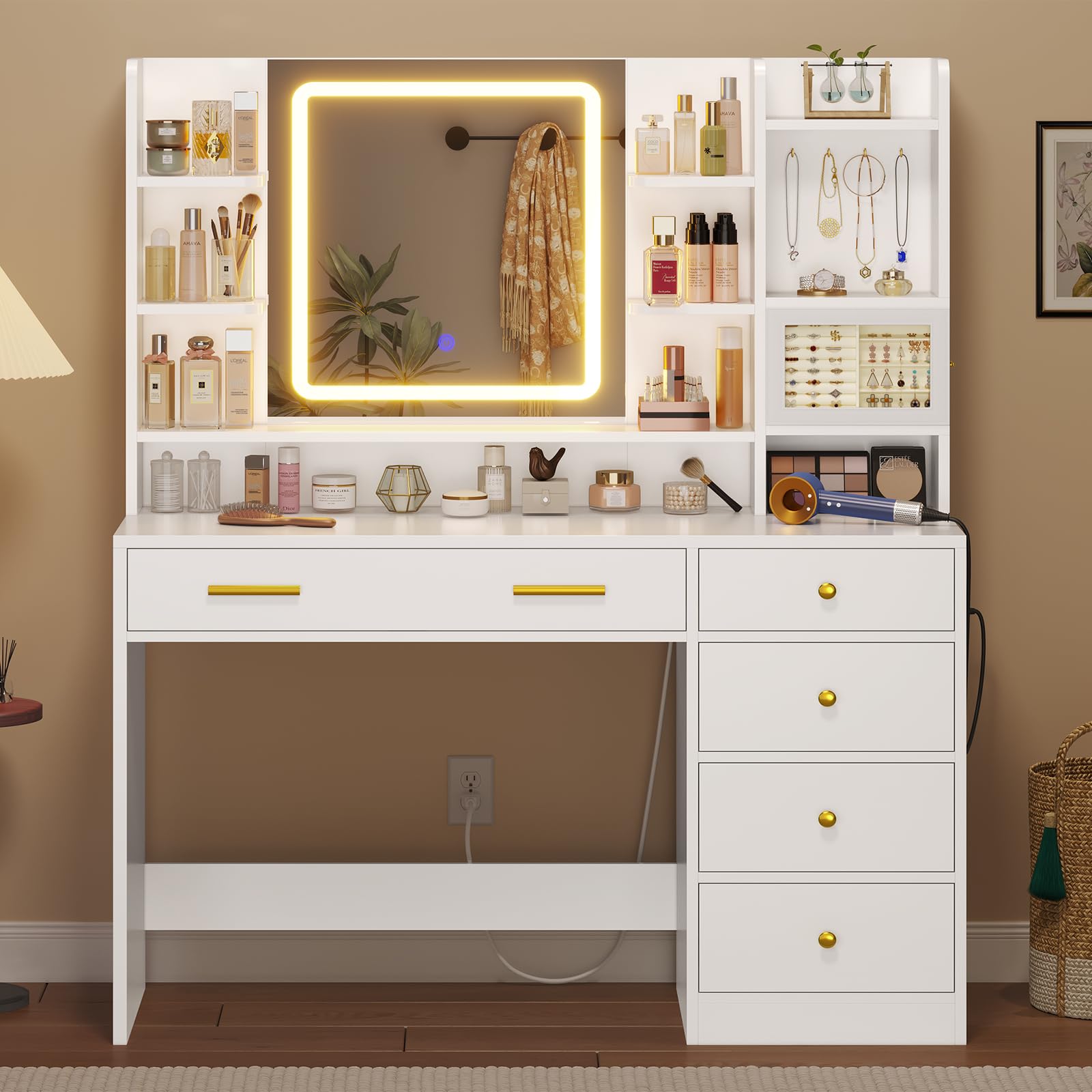Modern White Makeup Vanity Desk with 3-Layer Jewelry Box, USB Charging Station & Touch Screen LED Mirror - 6 Drawers, Shelves & Hooks for Bedroom Organization - Perfect for Beauty Routines & Jewelry Storage