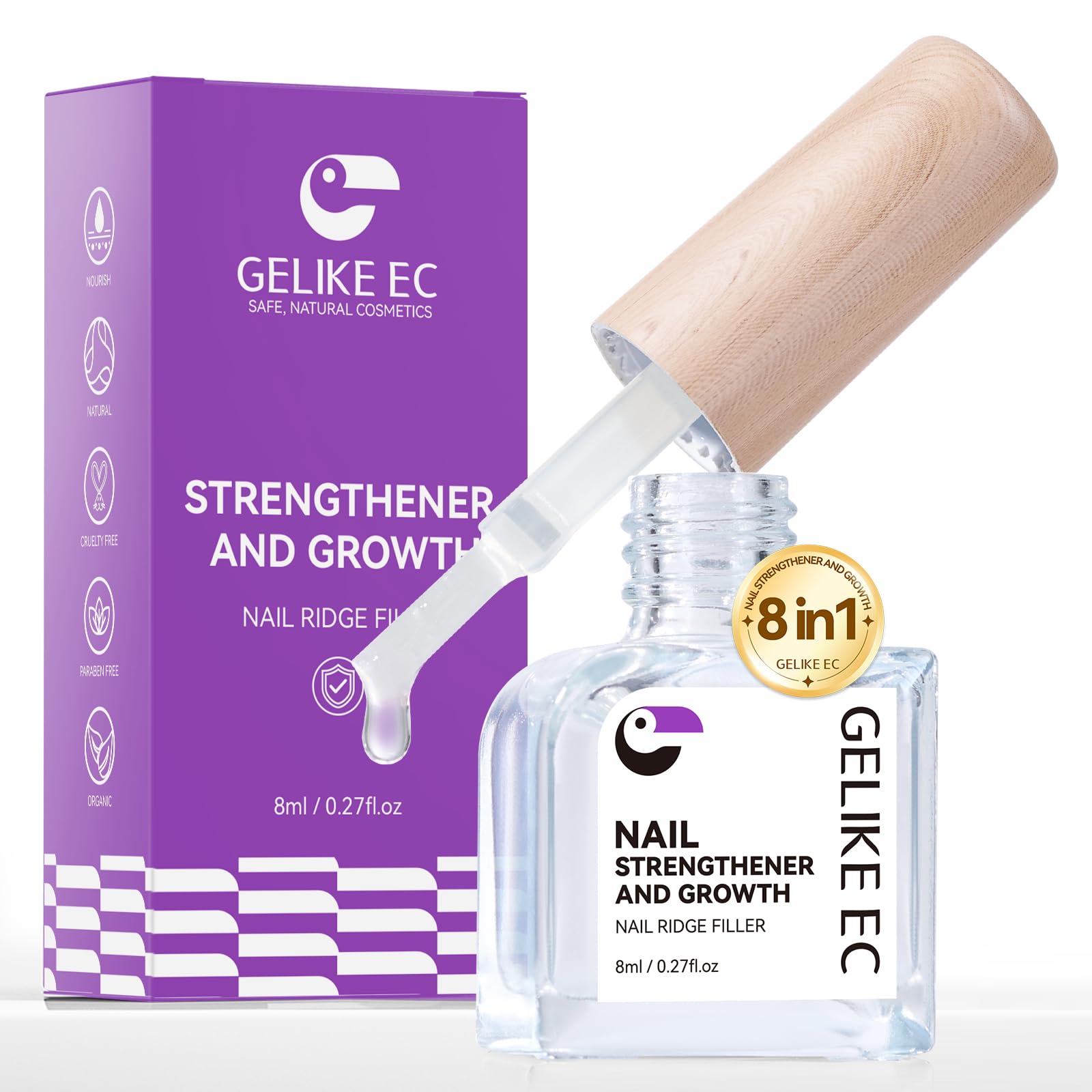 Gelike EC 8-in-1 Natural Nail Strengthener & Hardener - Extra Strong Protein Treatment for Damaged Nails Repair & Growth - Long Lasting Nail Care Oil for Weak, Brittle Nails - Perfect for Daily Use at Home or Salon