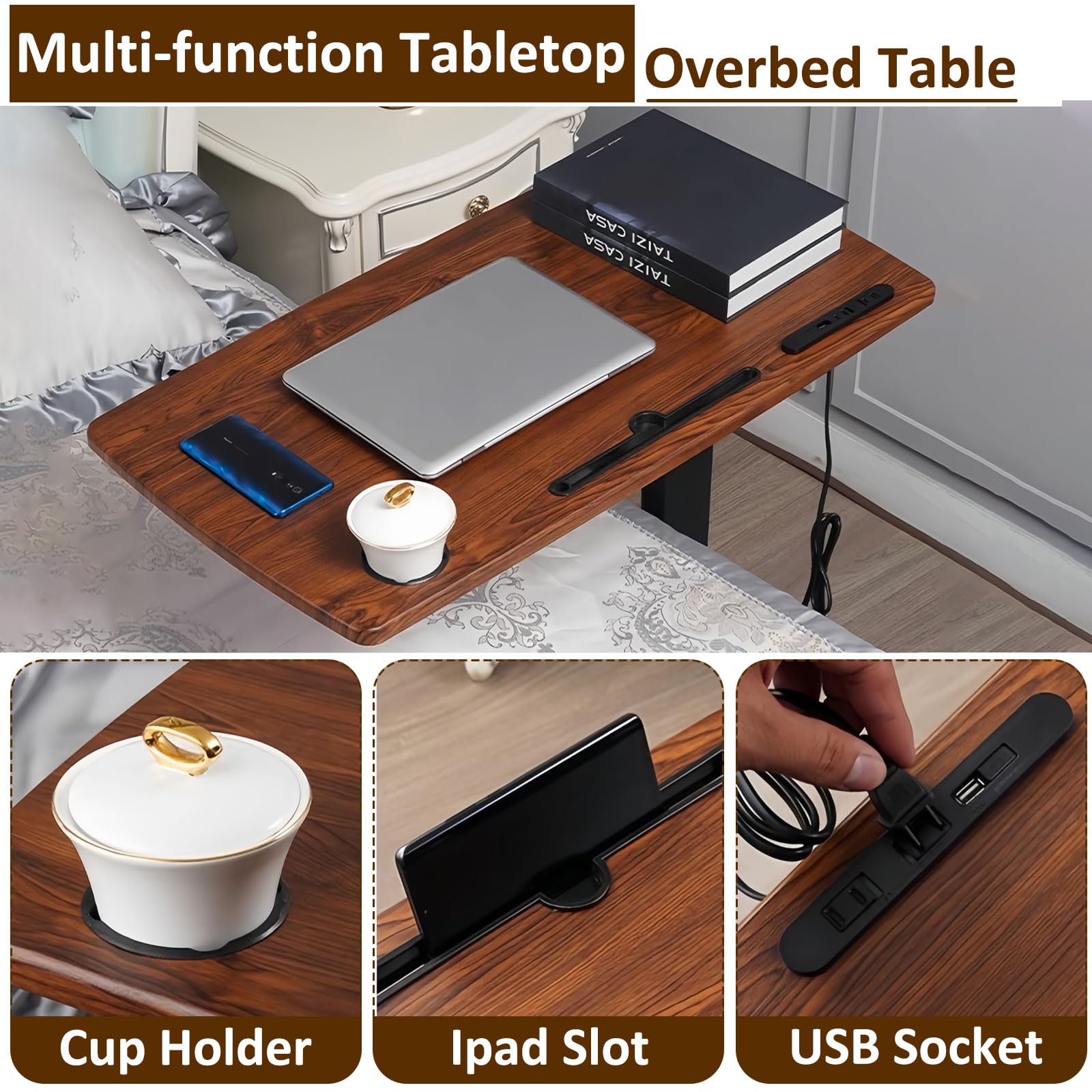 Adjustable Height Overbed Table with Swivel Wheels & USB Ports - Pneumatic Mobile Bedside Laptop Desk with Foldable Tabletop - Perfect for Hospital, Home Office & Standing Workstation Use