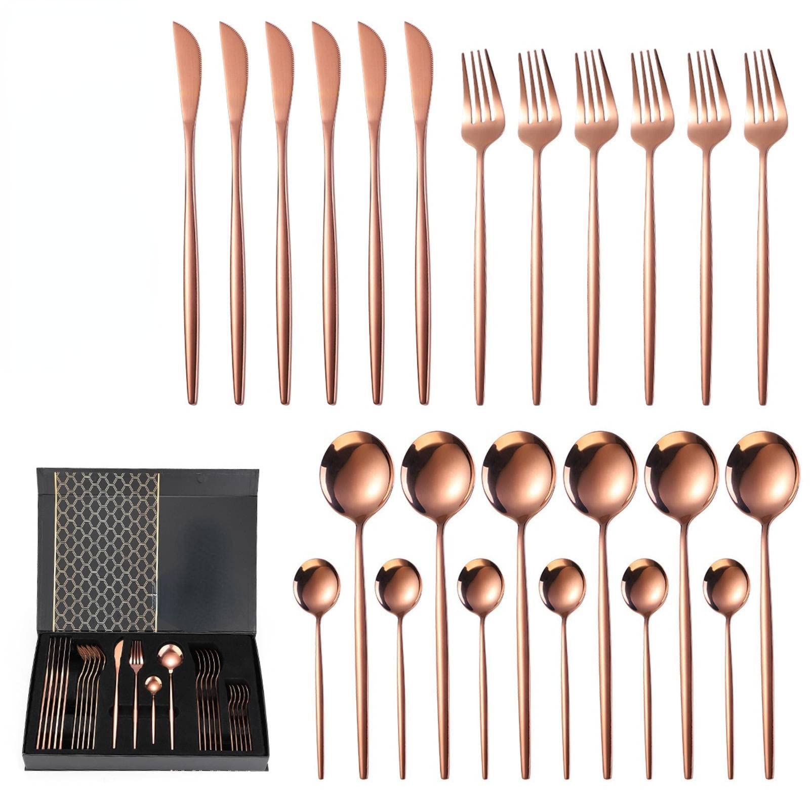 24-Piece Gold-Plated Portuguese Cutlery Set - Stainless Steel Knives, Forks & Spoons in Gift Box | Elegant Dinnerware for Weddings, Parties & Home Decor