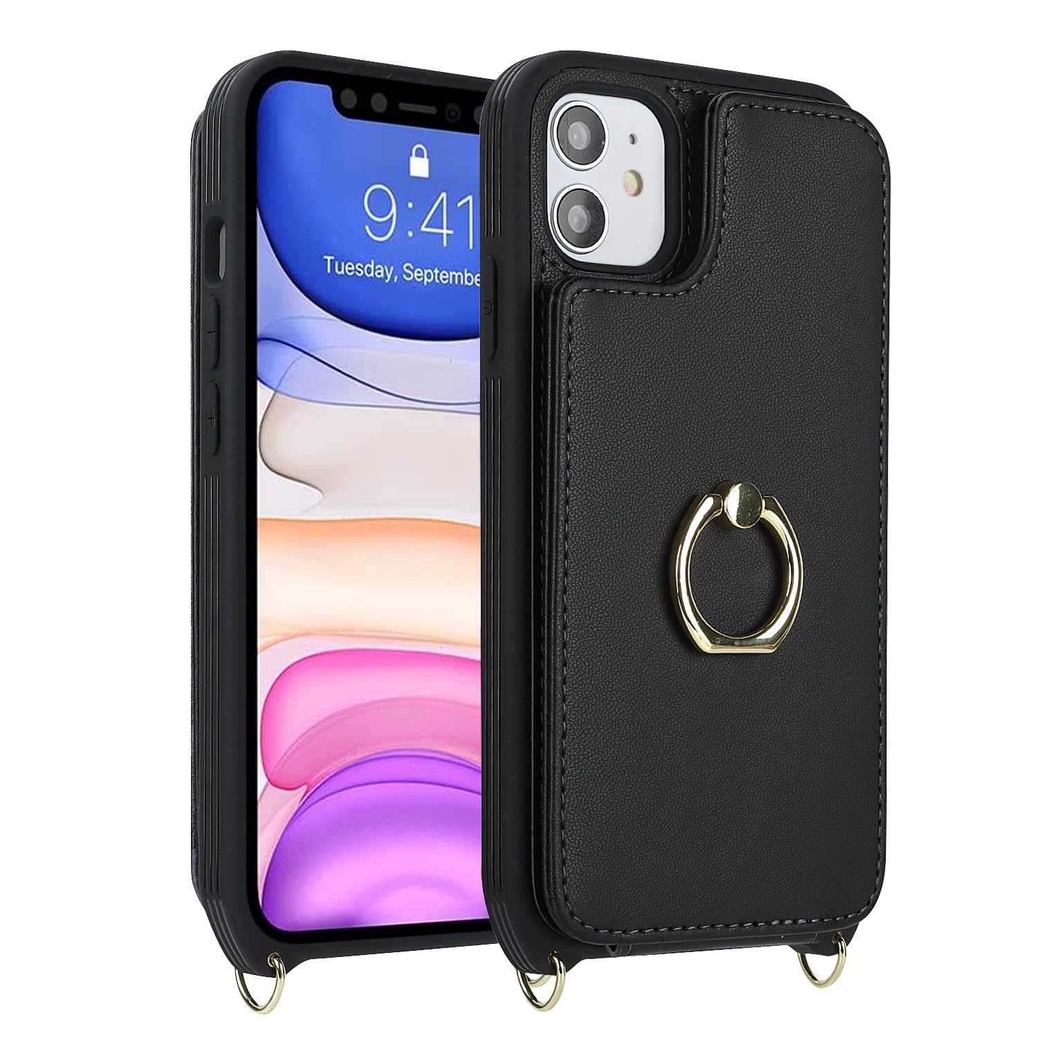 Premium iPhone 11 Wallet Case with Card Holder & Wrist Strap - 6.1 Inch Protective Phone Cover with Kickstand, Crossbody Lanyard & Snap Closure (Black) - Perfect for Women's Everyday Use, Travel & Hands-Free Convenience