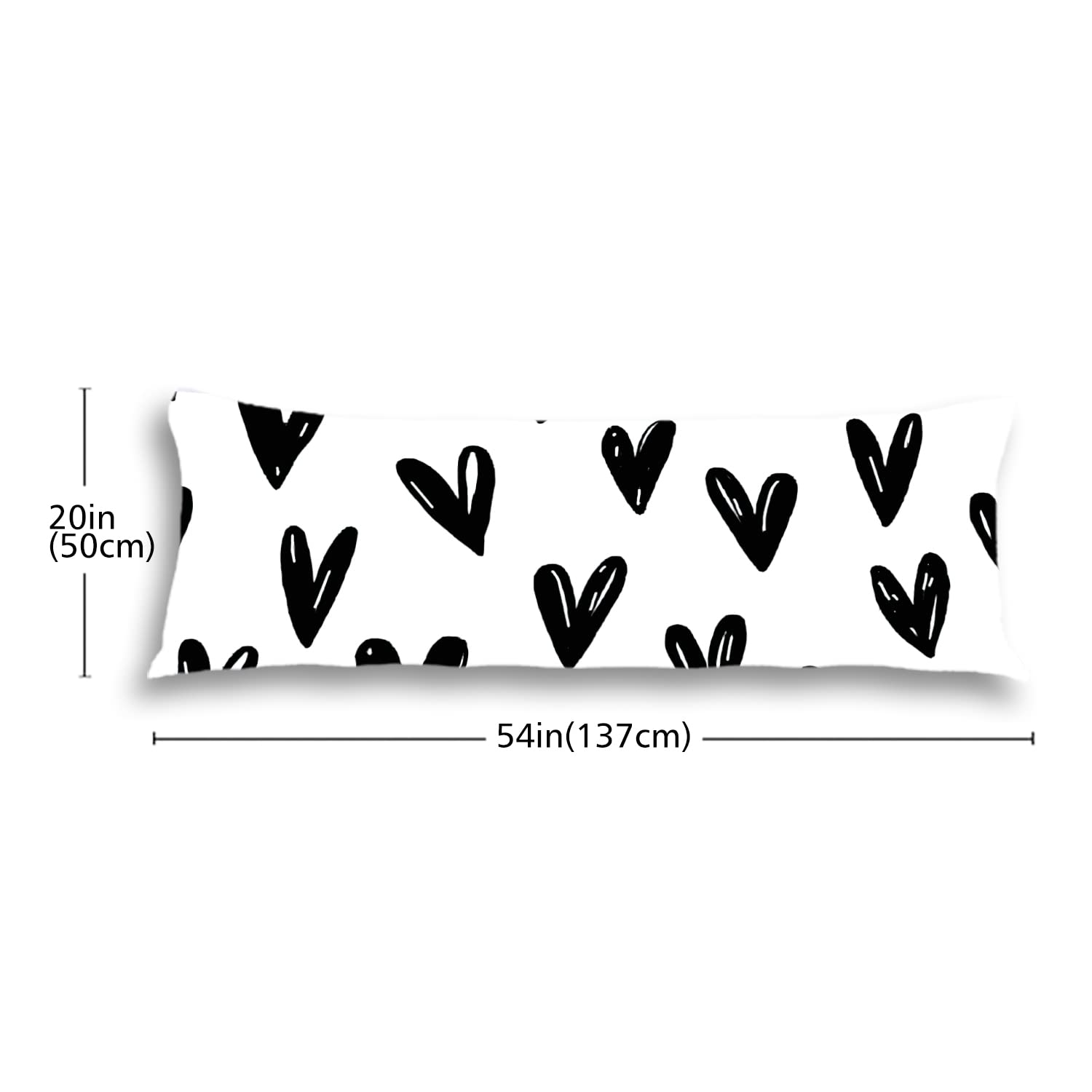 Cute Black and White Doodle Hearts Body Pillow Cover - 20x54 Inch Hidden Zipper Closure Double Sided Pillowcase for Sofa, Bed, and Home Decor