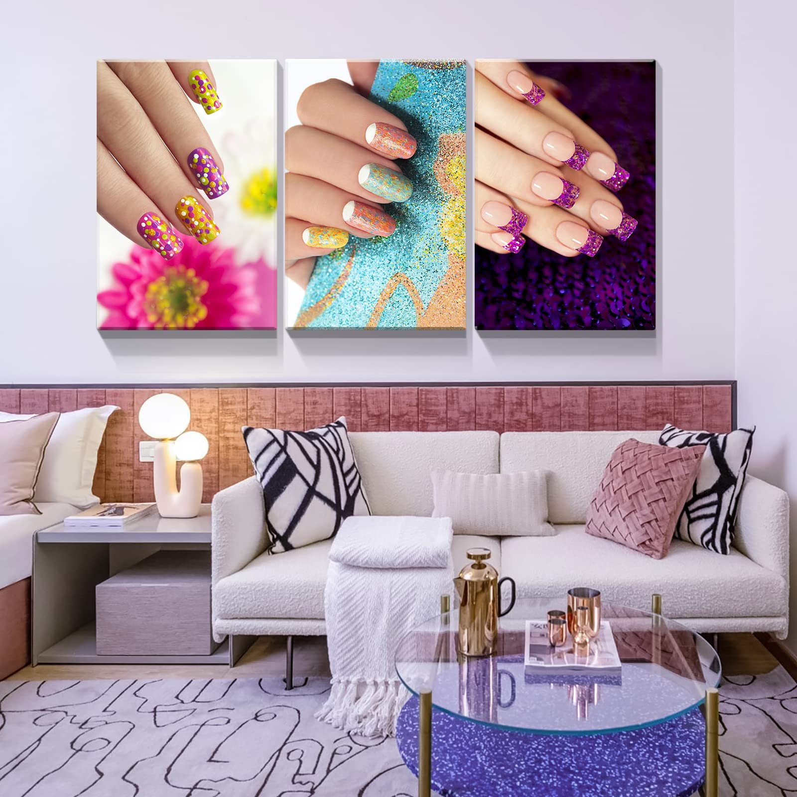 Denozer Salon Nail Room Wall Decor - 3 Panel Canvas Wall Art for Nail Studios, 32x48 Inch Ready-to-Hang Beauty Studio Decor - Perfect for Manicure Salons, Spa Rooms & Makeup Studios