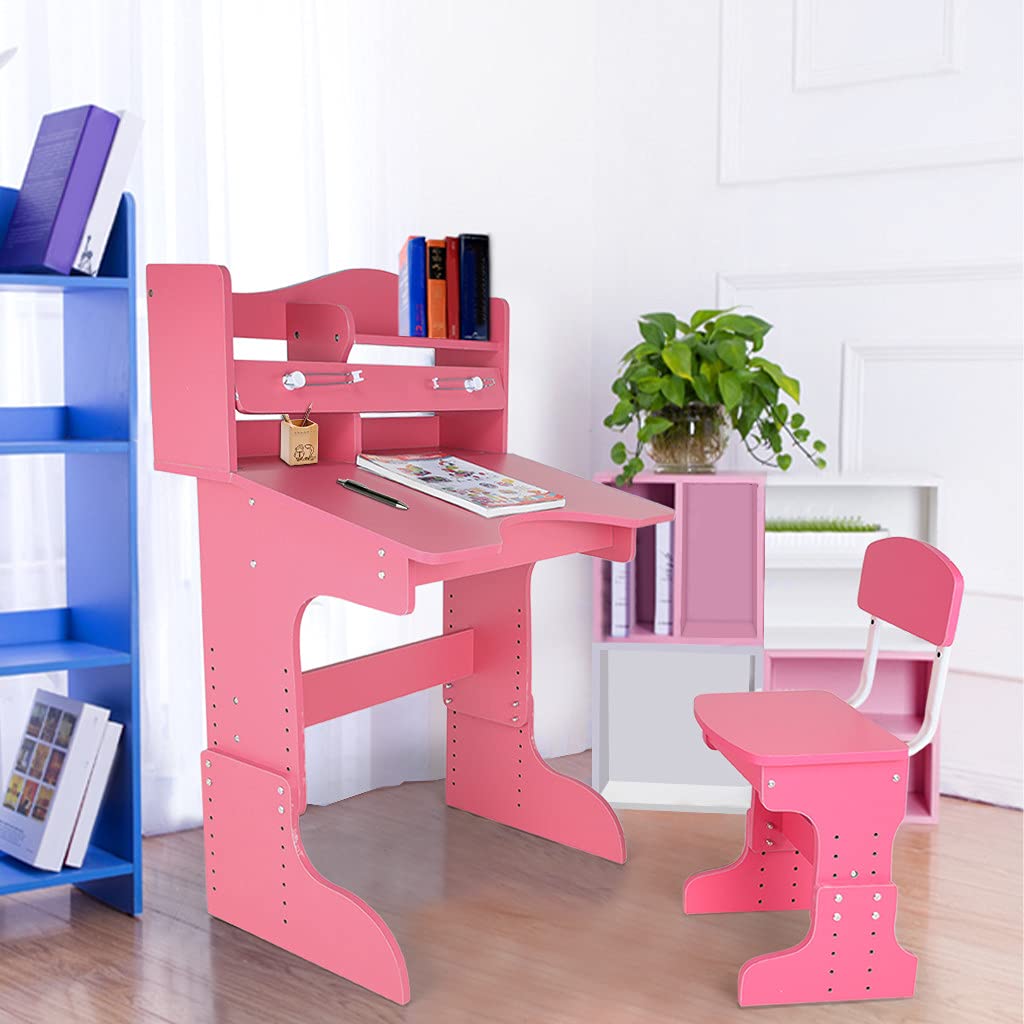 Adjustable Wooden Study Desk and Chair Set with Tilted Desktop & Storage - Ergonomic Kids Writing, Reading & Drawing Workstation for Home, School & Office - Pink Student Desk Furniture