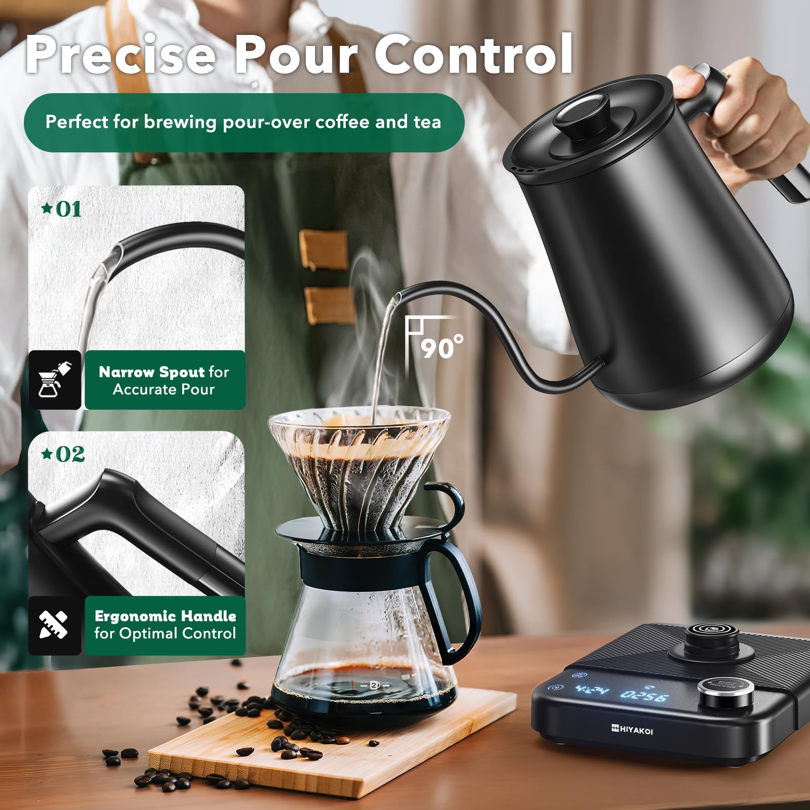 HIYAKOI Gooseneck Electric Kettle with Precise Temperature Control - 1200W Fast Heating Stainless Steel Pour Over Kettle for Coffee & Tea (0.8L) - Keep Warm Function - Perfect for Home Brewing, Office Use, and Gift Giving