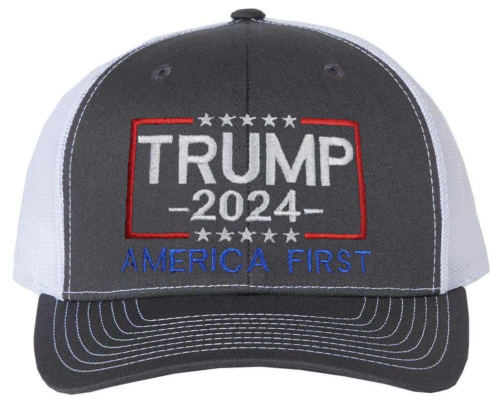 Trump 2024 America First Trucker Hat - Embroidered 6-Panel Baseball Cap for Adults - Perfect for Political Rallies, Outdoor Events & Patriotic Fashion