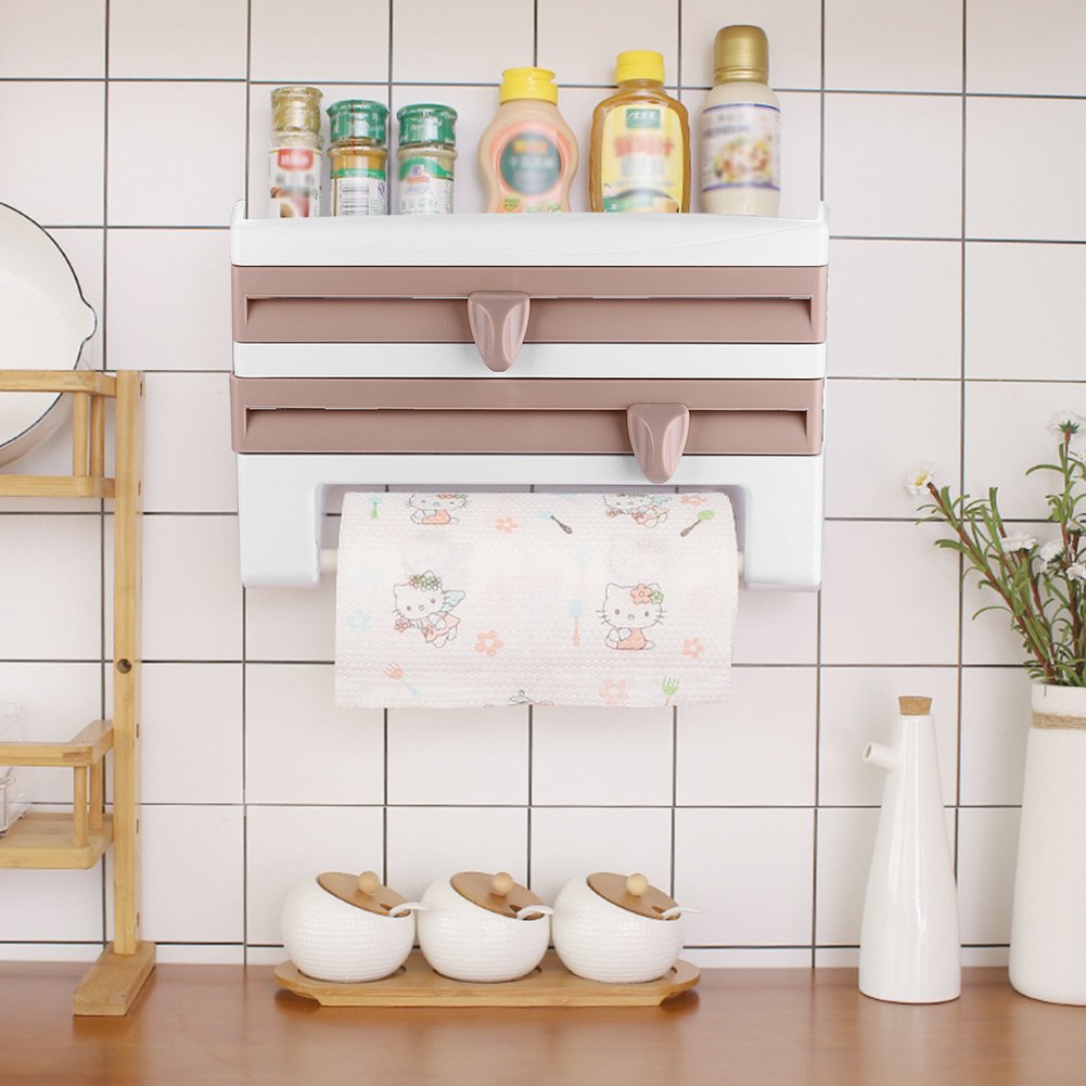 3-in-1 Wall Mounted Spice Organizer Rack with Paper Towel Holder & Foil Dispenser - Space Saving Kitchen & Bathroom Storage Solution - Perfect for Organizing Spices, Wraps & Cleaning Supplies in Small Spaces