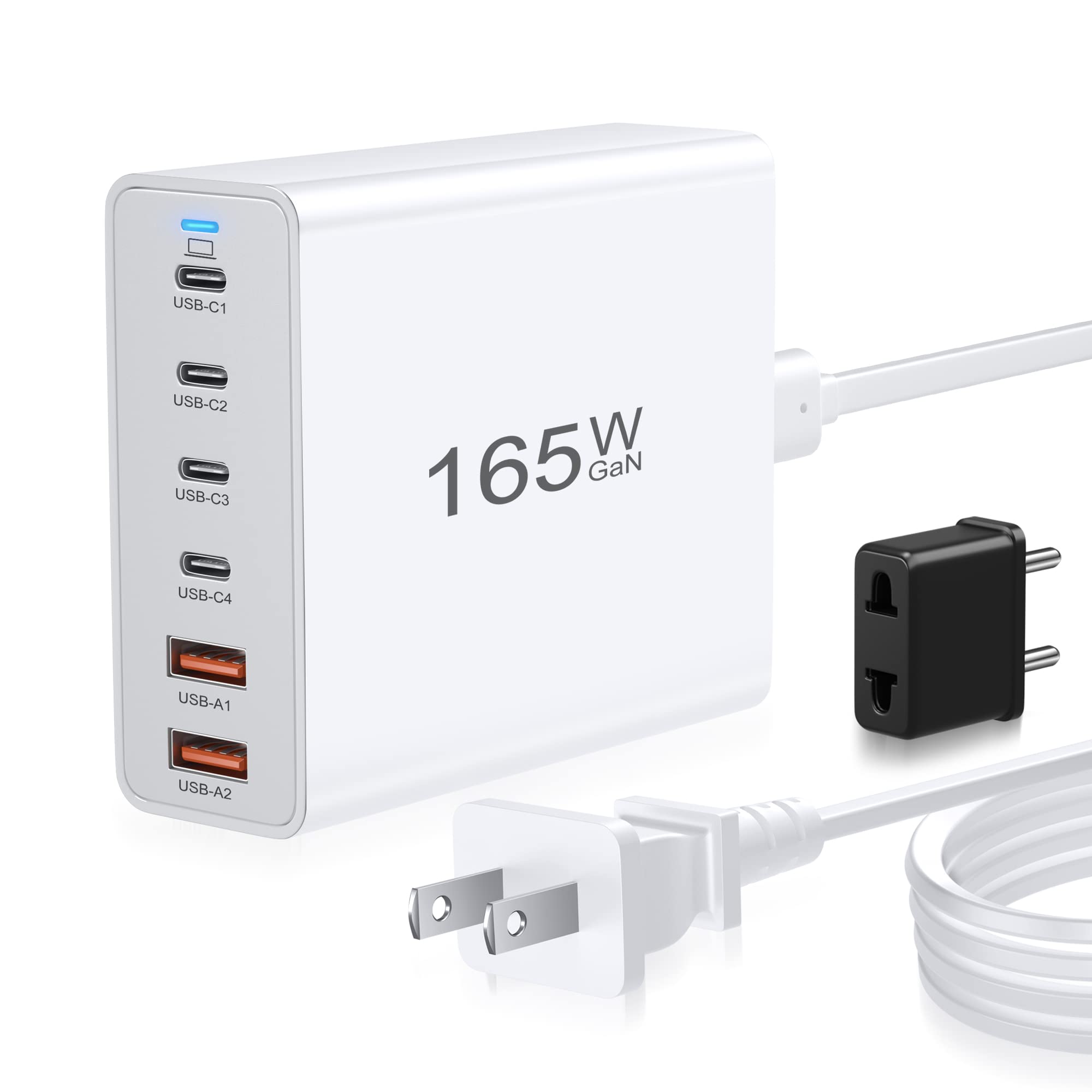 165W GaN Fast Charger 6-Port USB C Charging Station - PD/QC3.0 Desktop Power Adapter for MacBook Pro/Air, iPad, iPhone 16/15, Galaxy S24, Pixel 8 - Perfect for Home Office & Travel Charging Needs