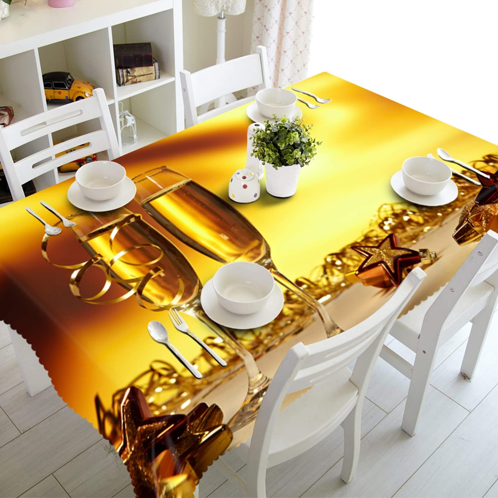 KnBoB Easter Kids Tablecloth - Spillproof & Soil Resistant Polyester Holiday Table Cover with Orange Wine Glass Star Ribbon Design (55x55 Inch) - Perfect for Easter Celebrations, Birthday Parties & Family Gatherings