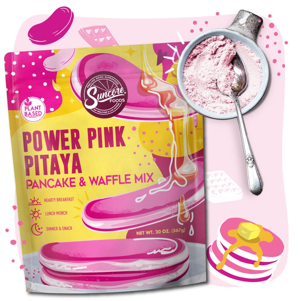 Suncore Foods Power Pink Pitaya Pancake & Waffle Mix - Non-GMO, Vegan, Gluten-Free, 20oz (1 Pack) - Perfect for Breakfast, Brunch, and Dessert Recipes