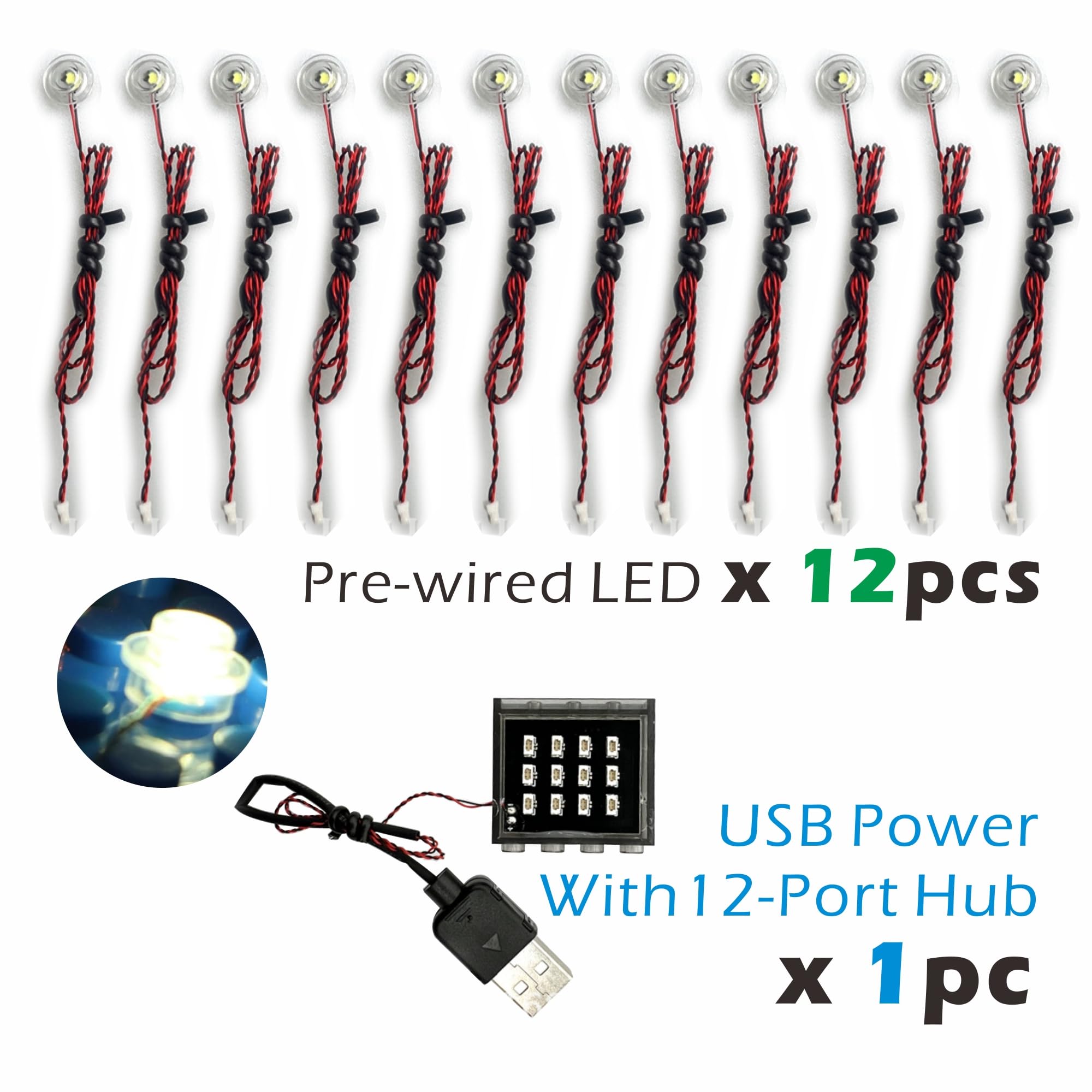 12-Piece 1x1 LED Dot Lighting Kit with Round Lids & USB Power Hub (5V) - Compatible with Lego Bricks for Model Lighting (White) - Perfect for DIY Lego Projects, Home Decor, and Creative Light Displays