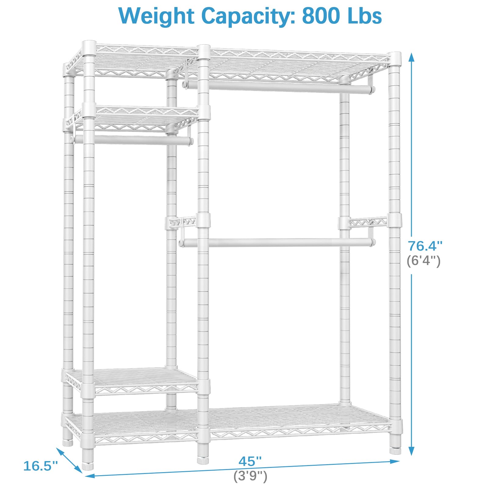 VIPEK V2S Heavy Duty 4-Tier Metal Clothes Rack with 3 Hanging Rods - 800LBS Capacity Freestanding Garment Storage Organizer for Closet, Laundry Room, or Commercial Use - White