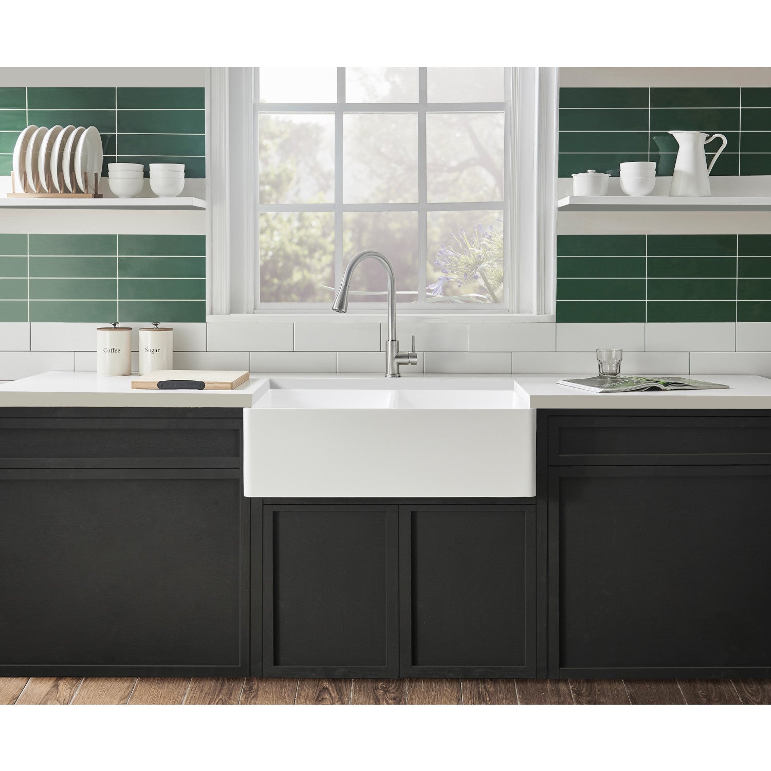 Arcticstone 36 Inch White Farmhouse Kitchen Sink - Double Bowl Apron Front Solid Surface Sink with 2 Strainers (Matte/Glossy Finish) - Perfect for Modern Farmhouse, Rustic & Traditional Kitchen Designs
