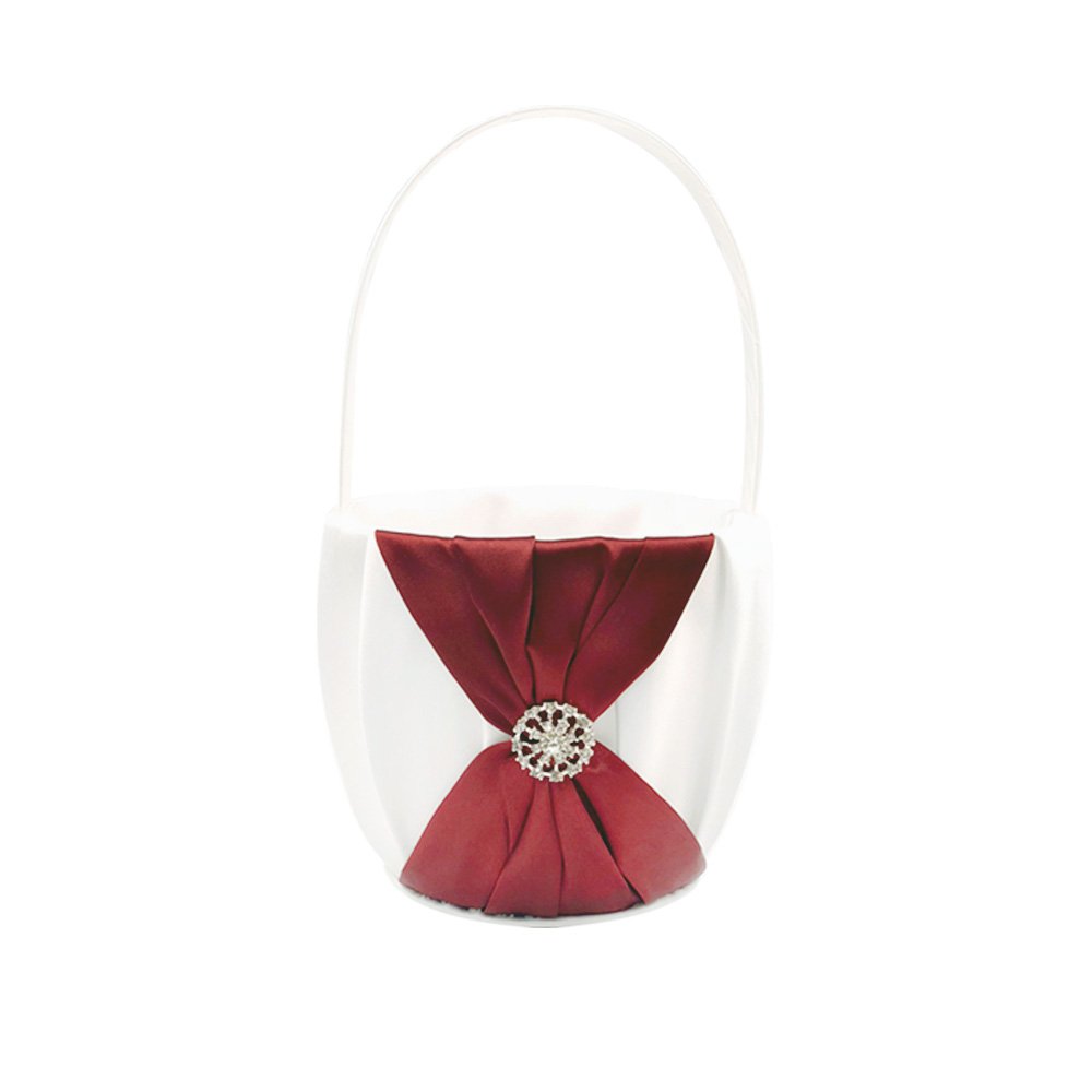 Elegant Abbie Home Wedding Flower Girl Basket in White & Burgundy - Rhinestone Decorated Ceremony Accessory for Bridal Showers, Baptisms & Special Occasions