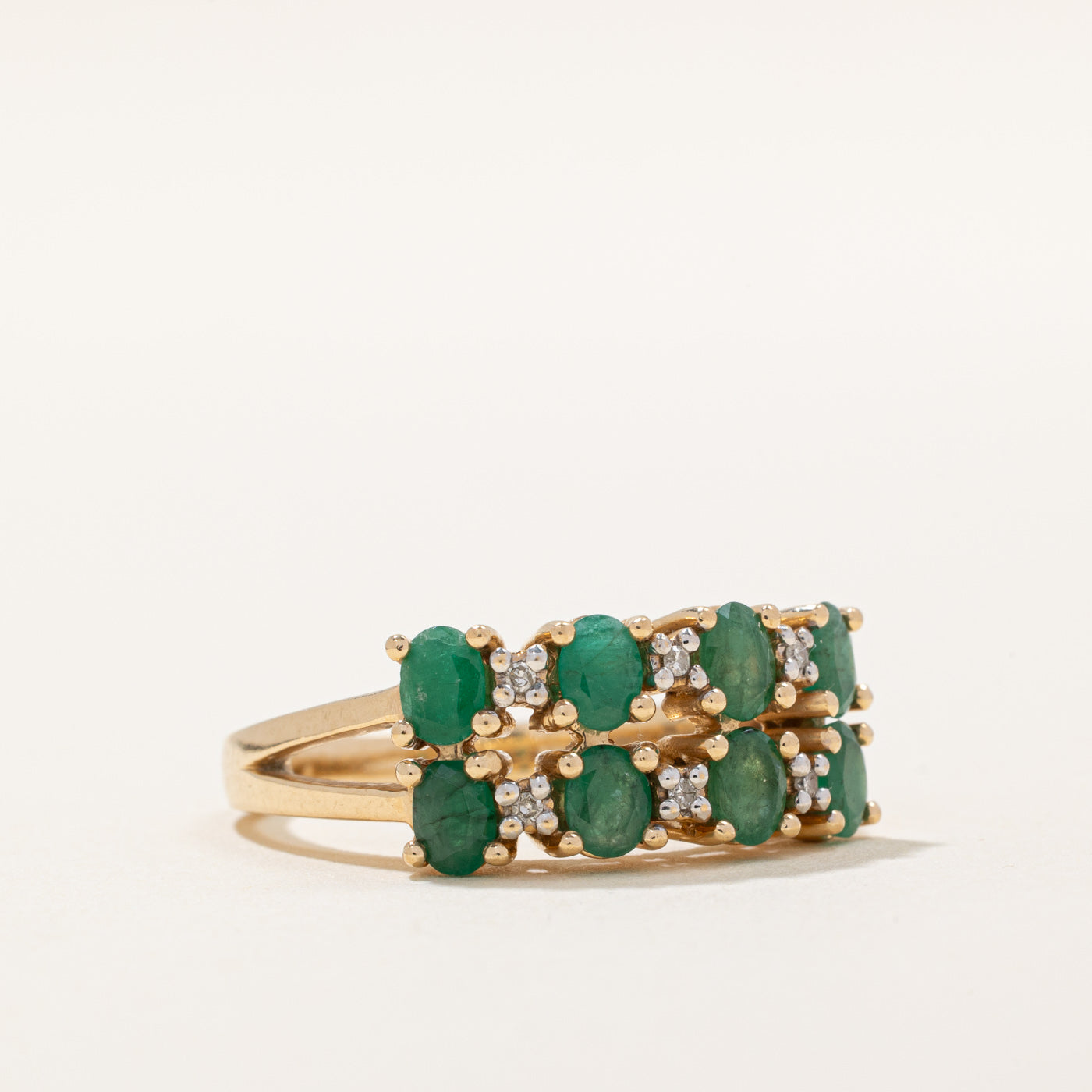 1.20ctw Emerald & Diamond Double Row Ring | Size 7 | 0.03ctw Diamonds | Elegant Wedding, Engagement & Anniversary Jewelry Gift