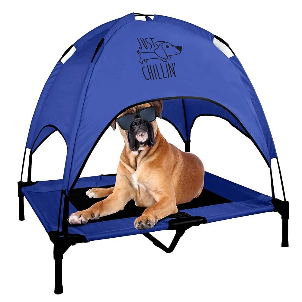 Floppy Dawg Just Chillin' Elevated Dog Bed - Portable Raised Cooling Cot with Removable Canopy Shade for Indoor & Outdoor Use - Breathable Mesh Fabric for Comfort - Perfect for Backyard, Patio, Camping & Travel with Your Pet