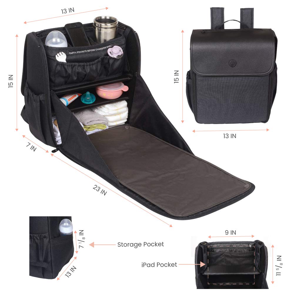 Lulyboo Convertible Diaper Backpack - Large Baby Bag with Full Open Cabinet, Padded Changing Station & Removable Caddy | 2 Insulated Drink Holders & Angled Phone Pocket | Perfect for Travel, Daycare & On-the-Go Parents (Black)