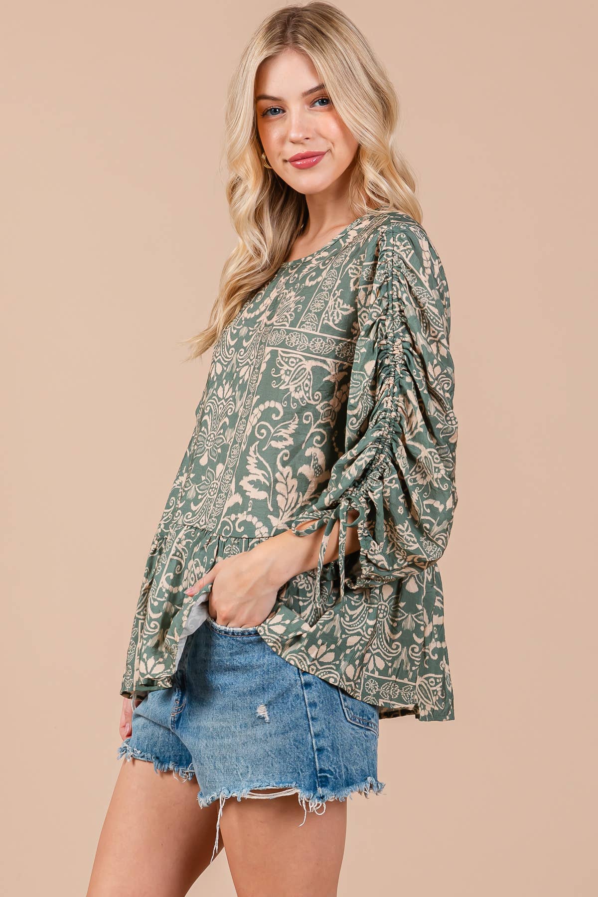 Boho Abstract Quarter Sleeve Top for Women - Sage Green Flowy Blouse in Sizes S M L XL - Perfect for Casual Outings, Music Festivals & Beach Vacations
