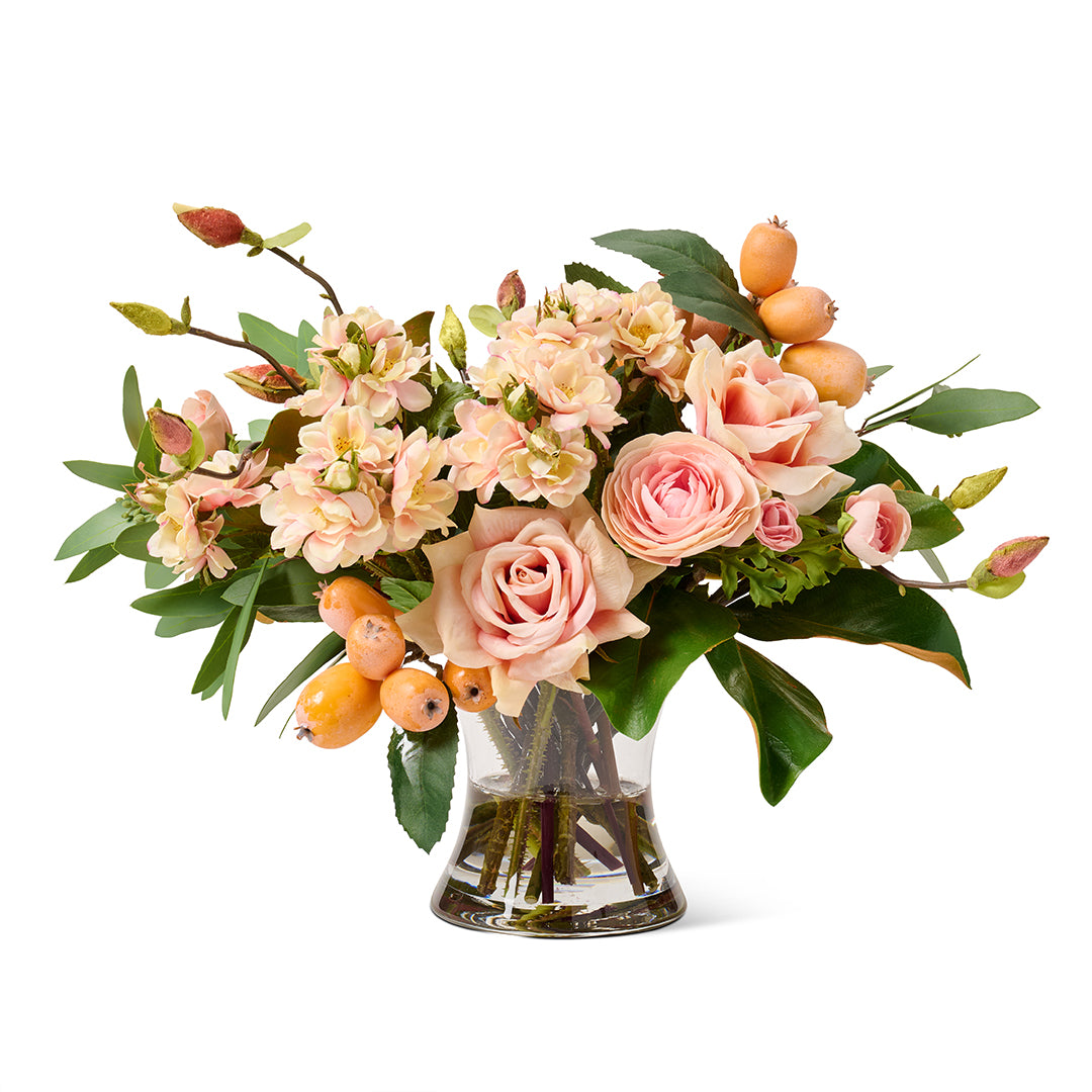 Carmen Roses & Loquats - Premium Floral Arrangement for Home Decor, Wedding Centerpieces & Romantic Gifts