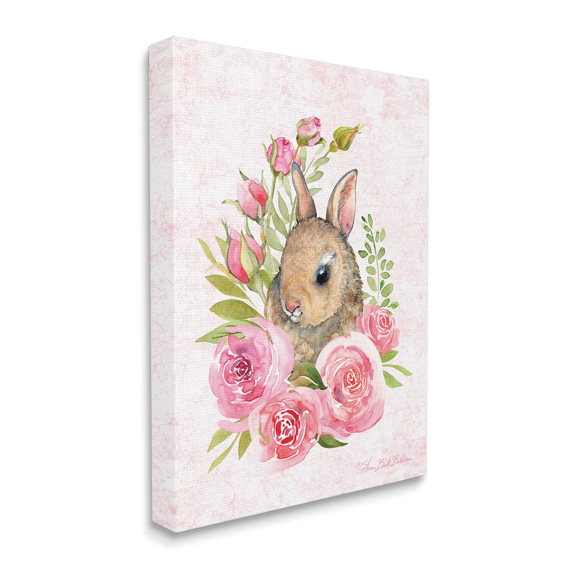 Stupell Industries Sherri Buck Baldwin Pink Blooming Rose Flowers Cute Bunny Rabbit Canvas Wall Art - Perfect for Nursery, Kids Room & Spring Home Decor