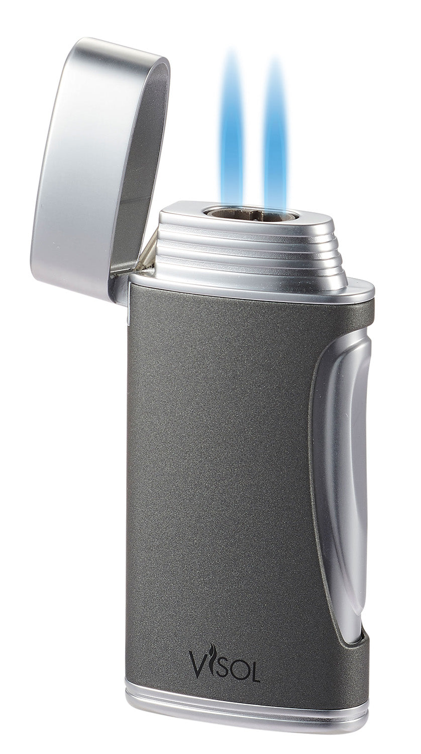 Visol DuoMatt Gray Double Flame Cigar Lighter - Windproof Jet Torch Lighter for Cigars, Cigarettes & Outdoor Use - Perfect for Smoking, Camping & BBQ Accessories