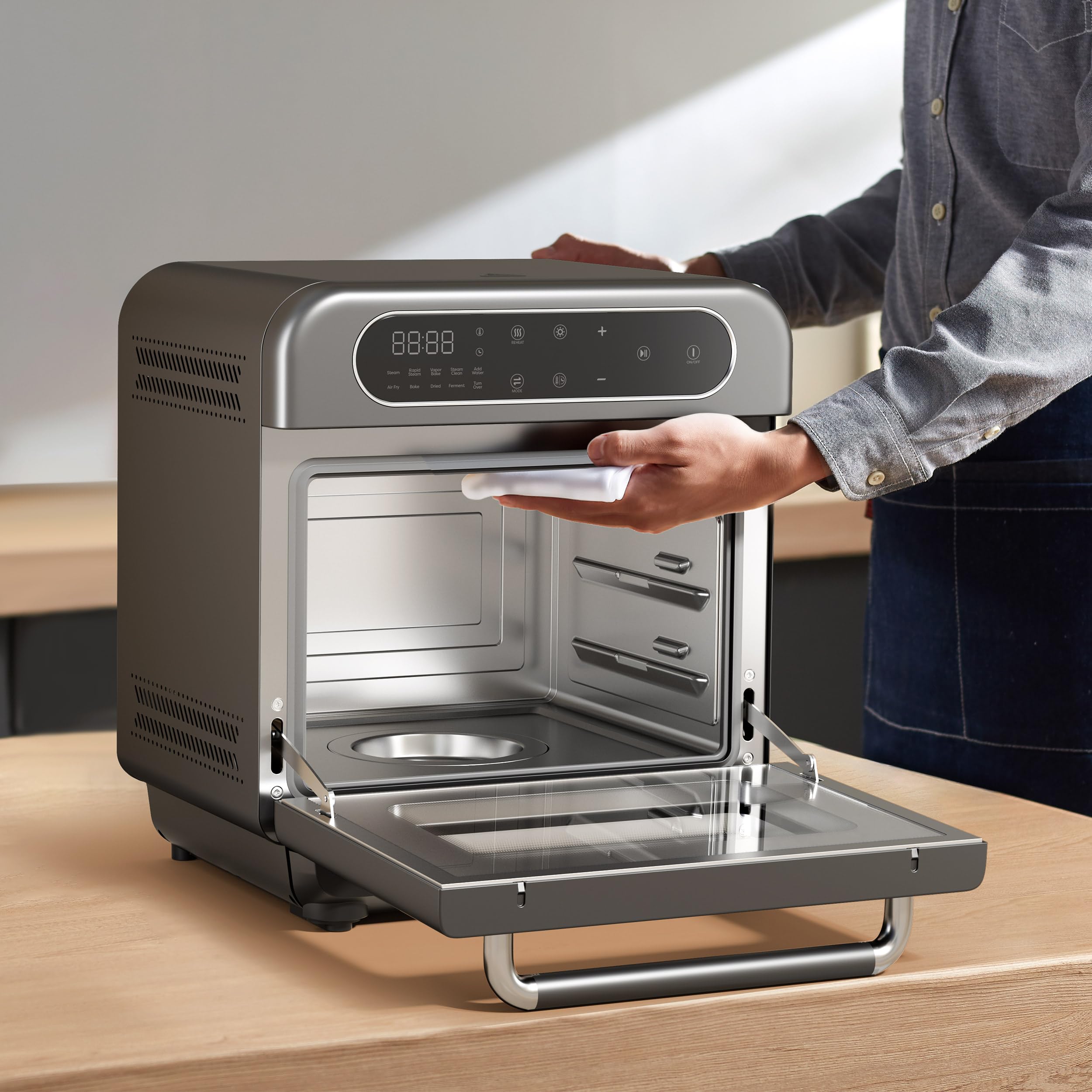 CIARRA 8-in-1 2L Mini Countertop Convection Oven with Steam Function - Air Fryer, Rapid Steam, Vapor Bake, Steam Clean, Bake, Dry & Ferment - Perfect for Small Kitchens, Dorms & RV Cooking (Grey)