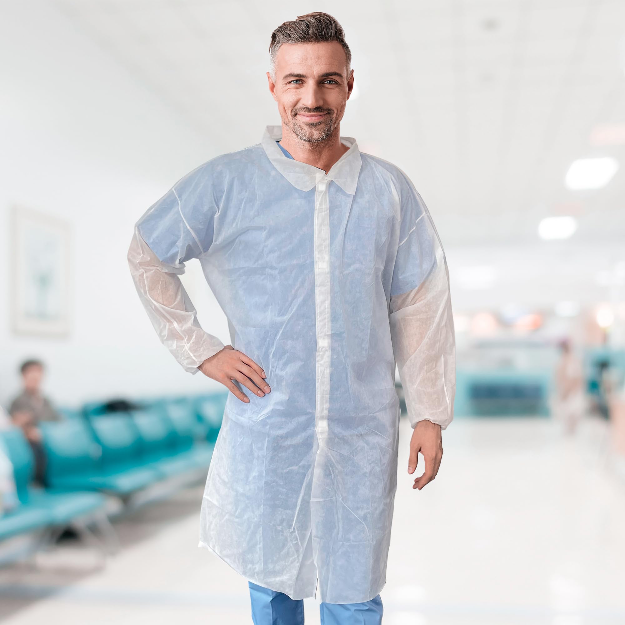 AMZ Medical Supply White Disposable Lab Coat - 30 Pack, 35 GSM Polypropylene Fabric PPE Coat for Adults | Knee-Length Design with Elastic Wrists & Loop Fasteners | Ideal for Medical Professionals, Laboratories, Cleanrooms & Healthcare Settings