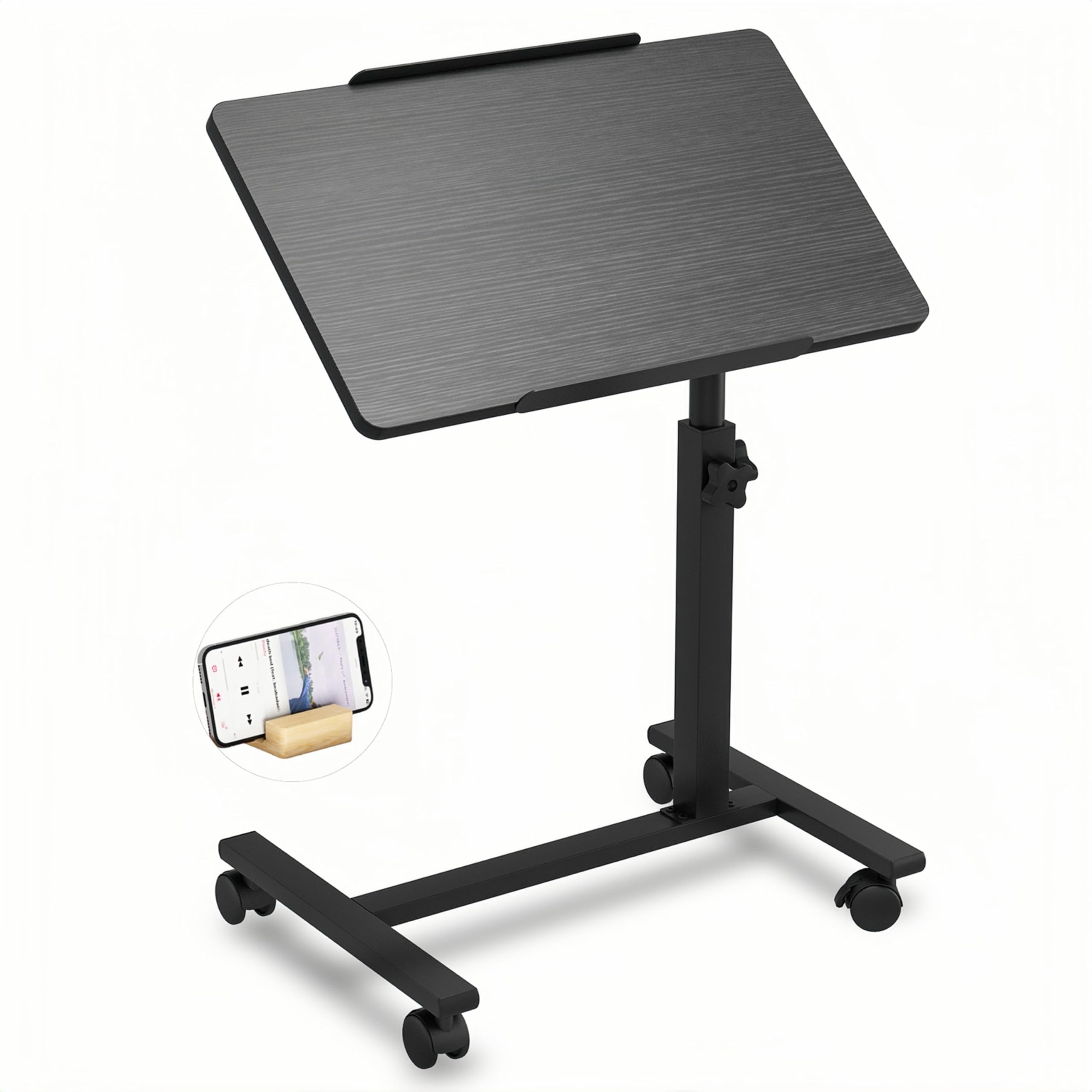 Adjustable Height Over Bed Table with Wheels - Portable Rolling Laptop Desk for Bedroom, Hospital & Home Office - Sturdy Bedside Tray Table Perfect for Working, Eating & Reading in Bed (Black)