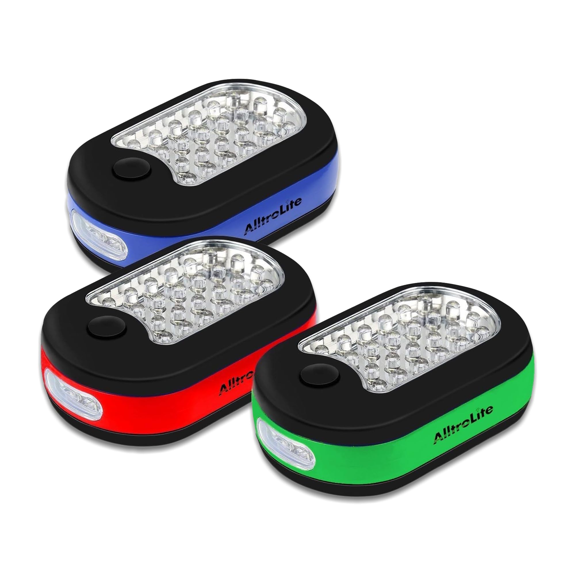 AlltroLite 3-Pack LED Work Light - Portable Magnetic Flashlight with Rotating Hook & Push Button | Battery Powered Pocket Light for Car Repair, Emergency, Hiking, Camping | Perfect for Mechanics, Home DIY & Outdoor Adventures