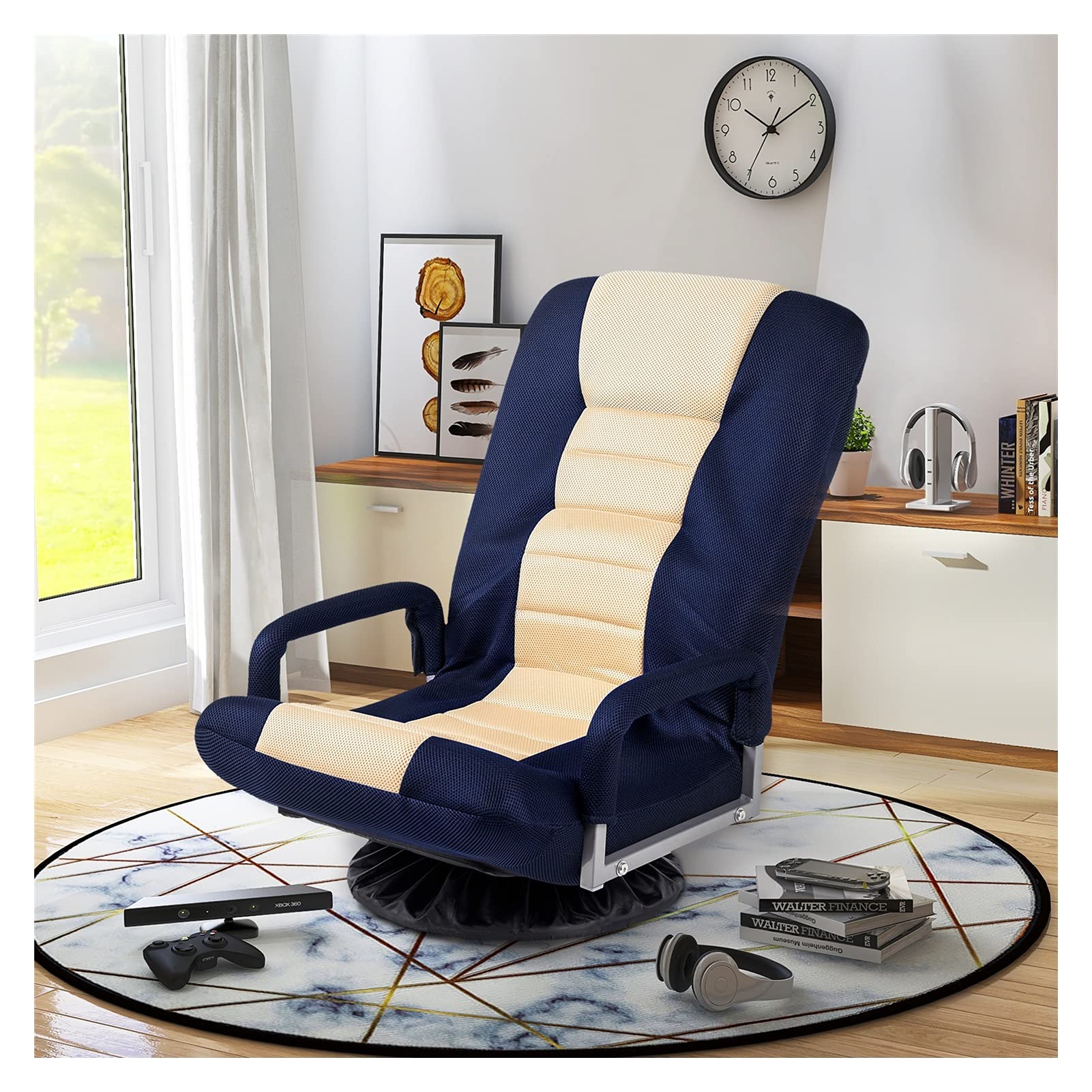 WHNB Swivel Video Rocker Gaming Chair - Ergonomic 360° Rotating Computer Chair with 7-Position Adjustable Backrest, Foldable Floor Sofa Lounger for Adults (Blue & Beige) - Perfect for Gaming, Office Work, TV Watching and Small Space Living