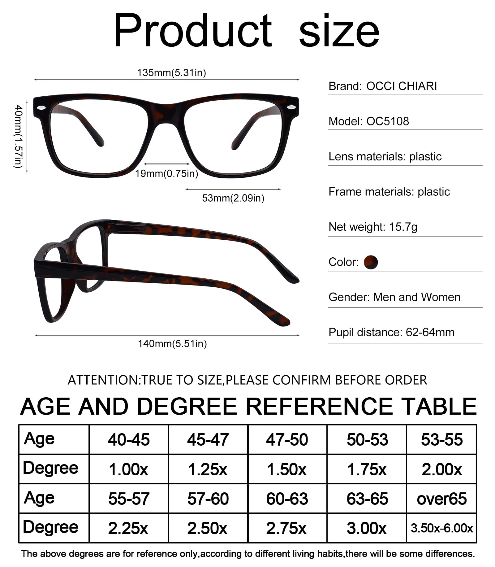 OCCI CHIARI Stylish Reading Glasses for Women & Men - Lightweight Eyewear Frames for Reading, Working, and Computer Use