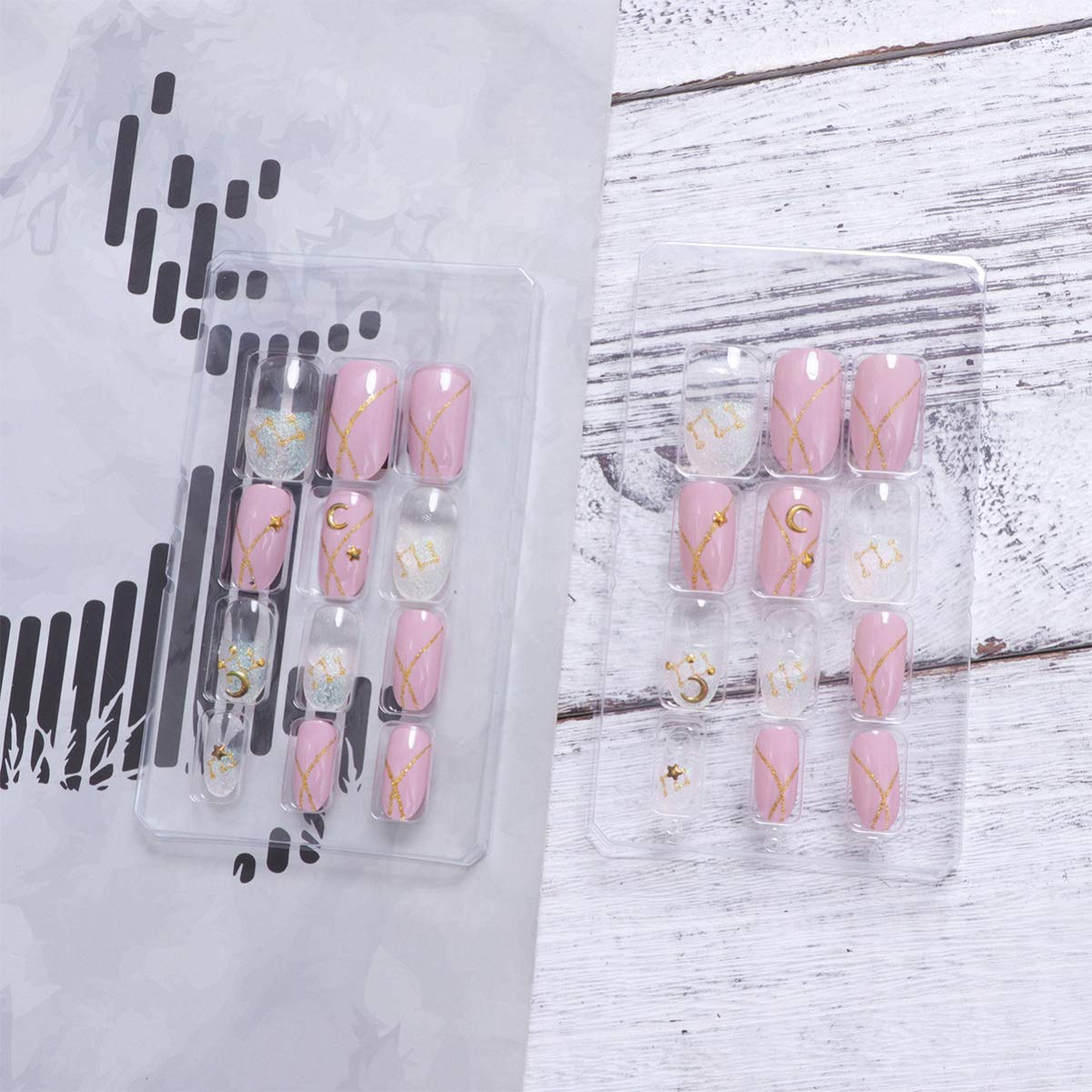 FRCOLOR 24Pcs Pink Glossy Full Cover Press On Nails - Glitter Fake Nails with Moon & Star Design for Wedding, Party, Prom & Special Occasions | Easy to Apply & Reusable Artificial Nails for Women & Girls
