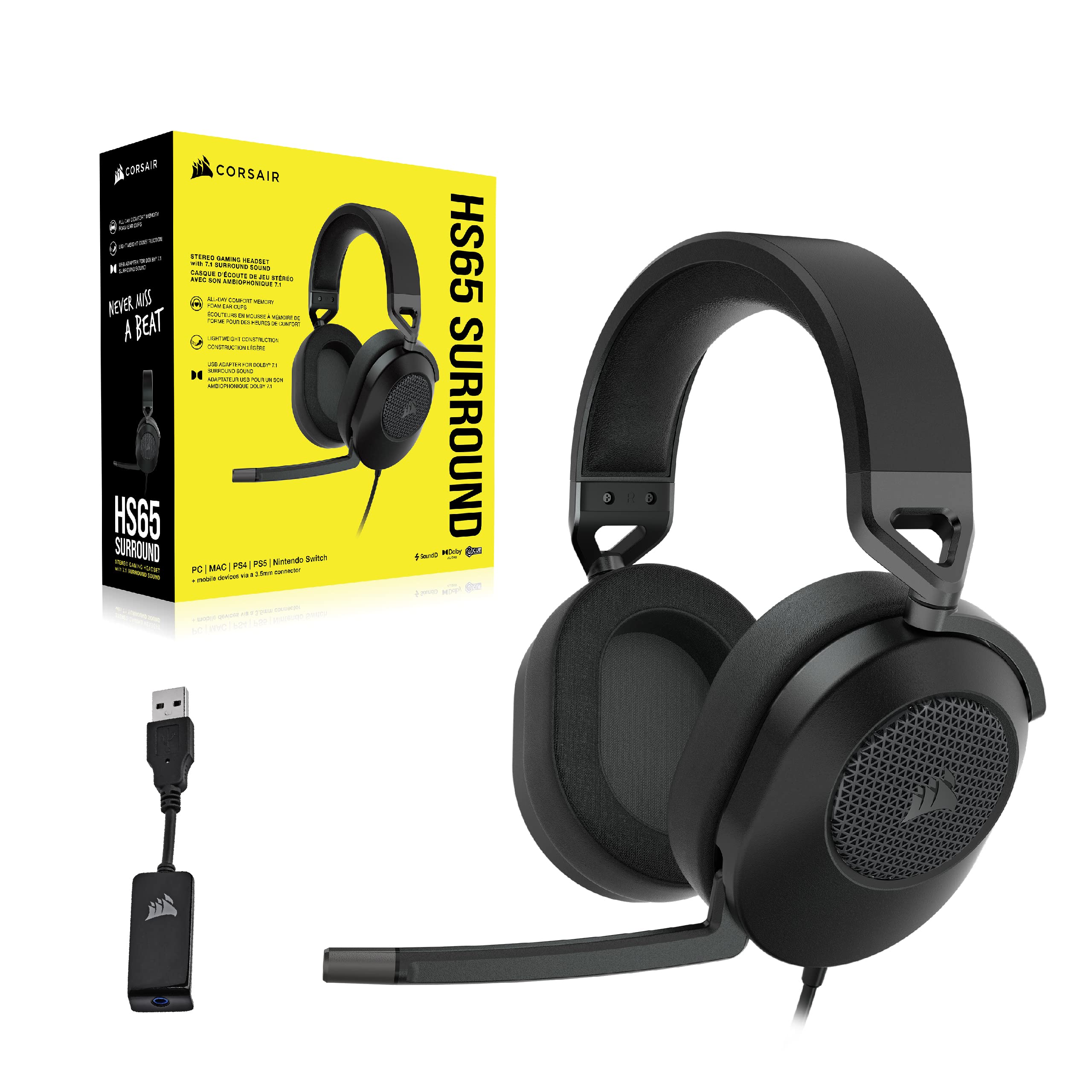 CORSAIR HS65 SURROUND Wired Gaming Headset with Dolby Atmos & SoundID – Multiplatform Compatible (PC, Mac, PS5, PS4, Xbox, Switch, Mobile) – Carbon Black – Perfect for Competitive Gaming & Immersive Entertainment