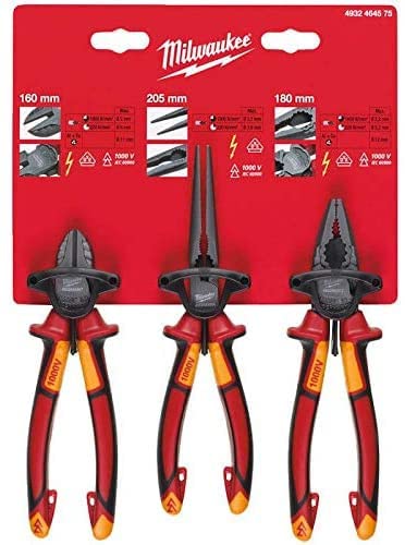 Milwaukee VDE Insulated Pliers Set - 3 Piece Electrical Hand Tools for Electricians & DIY Projects | Safe for Live Wire Work & Home Repairs