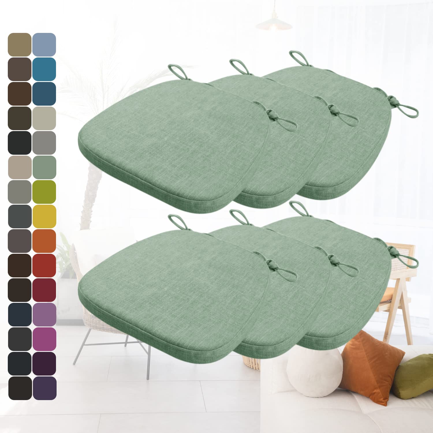 Kimgull Non-Slip Chair Cushions with Ties - Set of 6 Thickened Breathable Seat Pads (17x15.7x2 Inches, Green) for Kitchen, Dining, Living Room & Office Chairs - Perfect for Home Comfort & Back Support