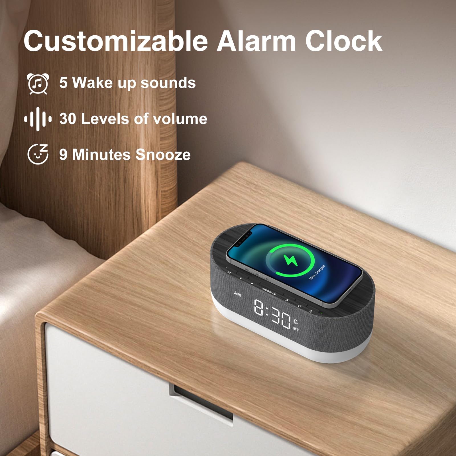 HOUSBAY Bluetooth Sound Machine with Alarm Clock - Dual Speaker White Noise Machine for Sleeping, 21 HiFi Sounds & 10W Wireless Charger, 10 Night Light Colors - Perfect for Bedrooms, Nursery, Office & Meditation (Black)