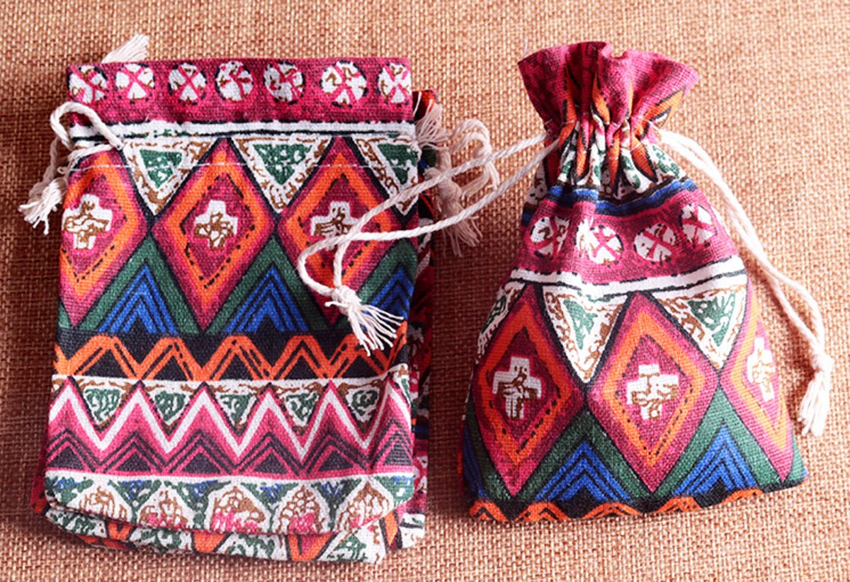 Sheliky 20-Pack Cotton Linen Drawstring Pouches - 3.9x5.3 Inch Bohemian Print Jewelry & Coin Bags for Wedding Favors, Party Gifts, DIY Crafts (Red) | Perfect for Organizing Small Items, Gift Wrapping, and Handmade Projects