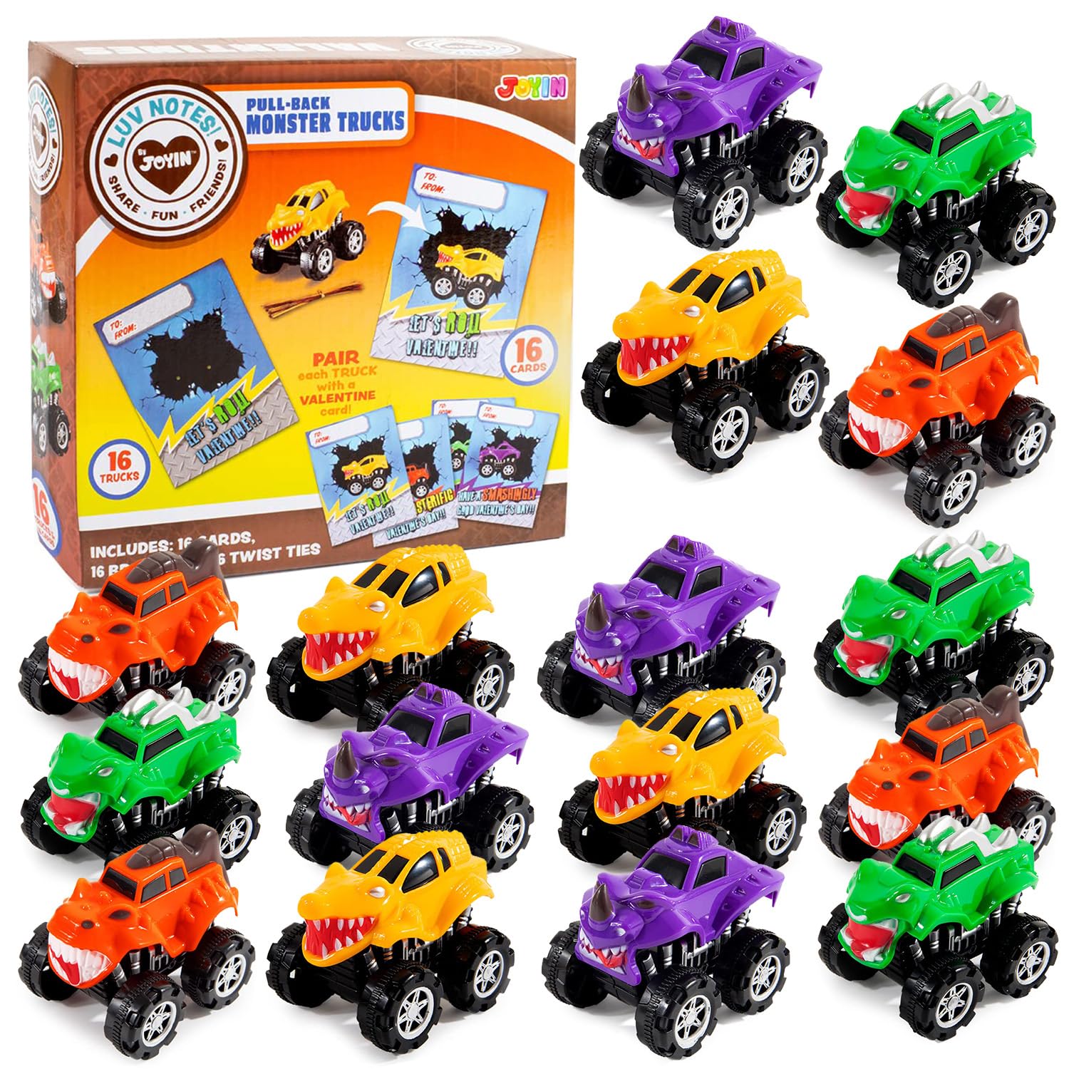 JOYIN 16 Pack Pull Back Monster Truck Toys for Kids - Valentine's Day Party Favors, Classroom Prizes & Gifts for Boys | Mini Toy Trucks for Birthday Parties, School Rewards & Holiday Celebrations