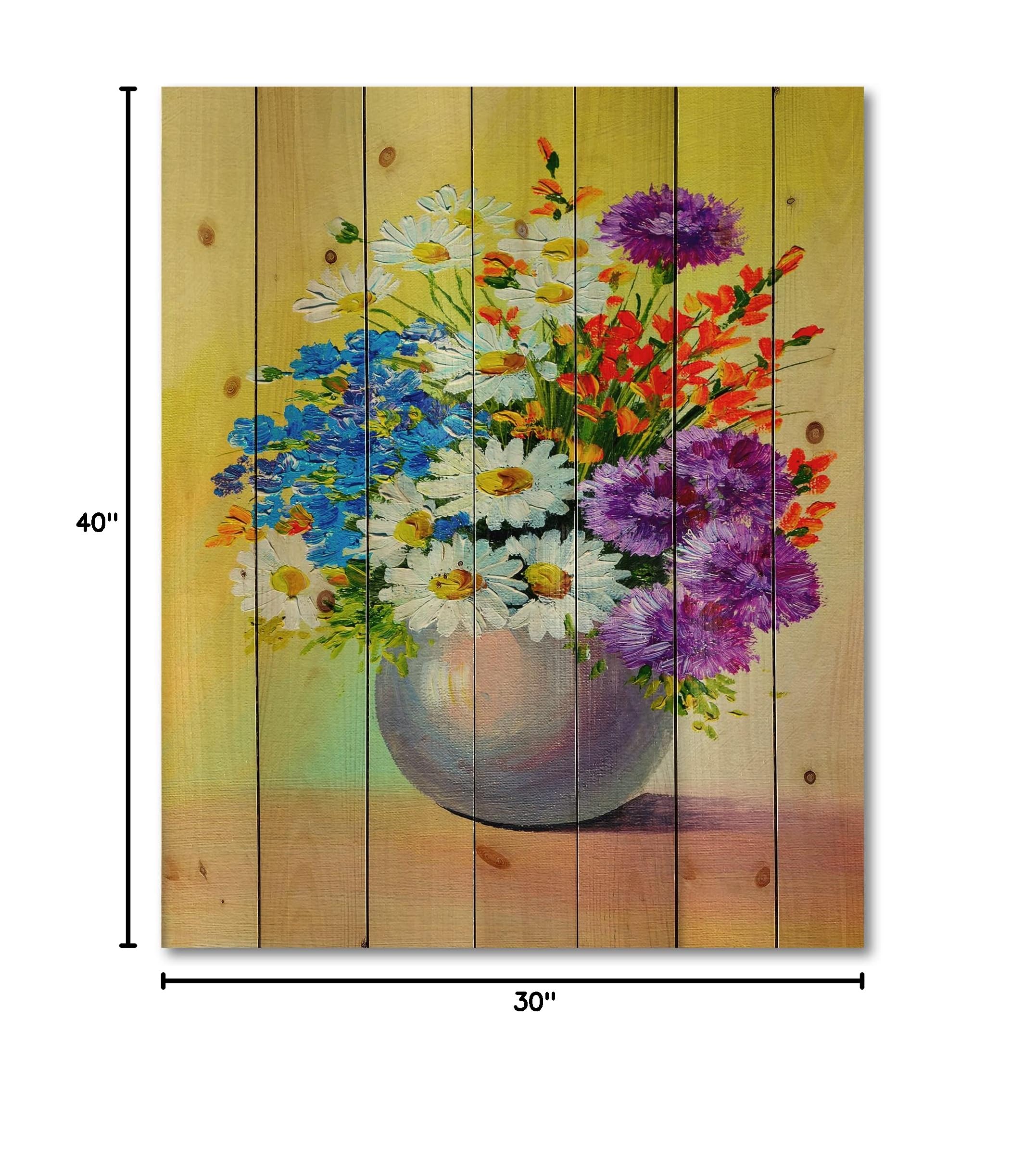 Blue Red White Floral Wood Wall Art - Large Pine Decor for Living Room