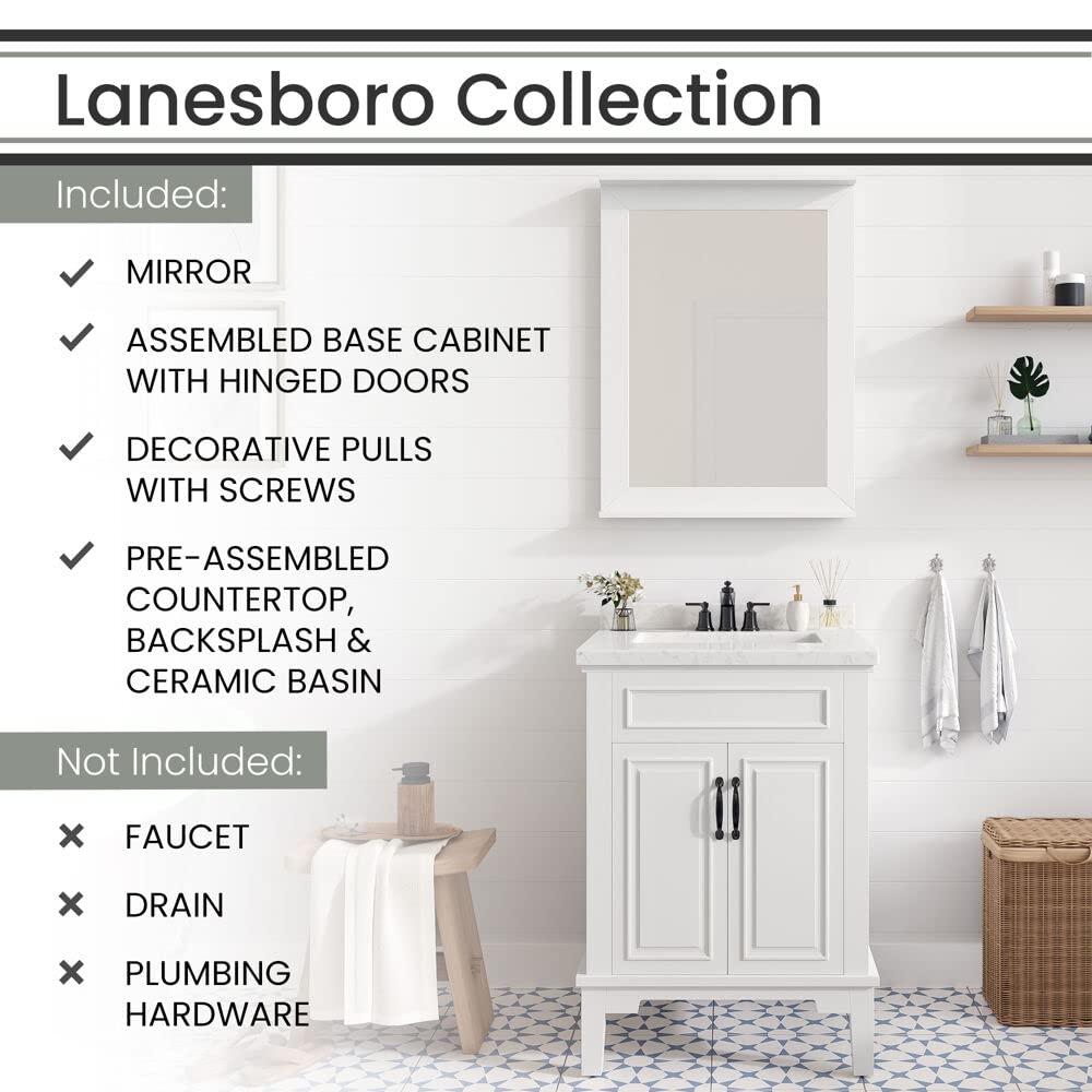 Hanover Lanesboro 24'' White Bathroom Vanity Set with Sink, Mirror & Stone Countertop - Pre-Assembled 2-Door Cabinet for Powder Room or Master Bath | HANVN0105-24-0WH | Perfect for Small Bathrooms & Guest Suites