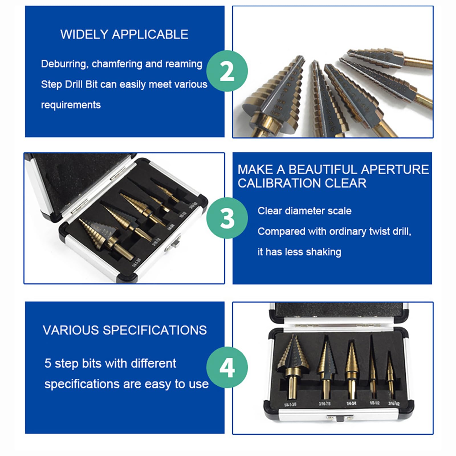 High-Speed Steel (HSS) Titanium Step Drill Bit Set - 5PCS 50 Sizes SAE Cone Drill Bits for Metal, Wood & Plastic - Includes Durable Aluminum Case - Perfect for DIY Projects, Home Repairs & Professional Metalworking