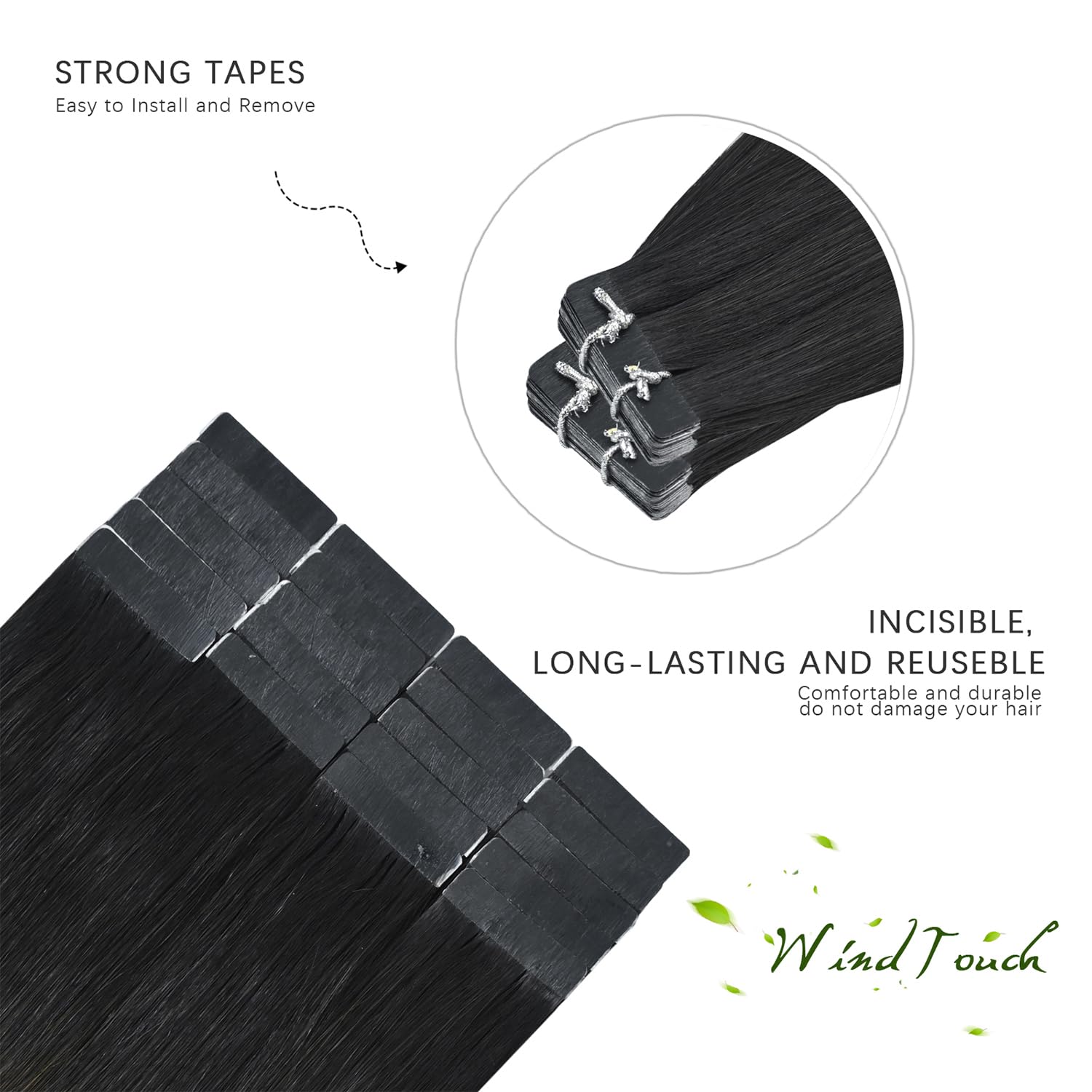 WindTouch Tape in Human Hair Extensions 16 Inch - Balayage Ombre Black to Chocolate Brown, 50g 20pcs, Remy Hair, Glue-Free, Thick Full Ends for Natural Look | Perfect for Daily Wear, Parties, Weddings & Special Occasions