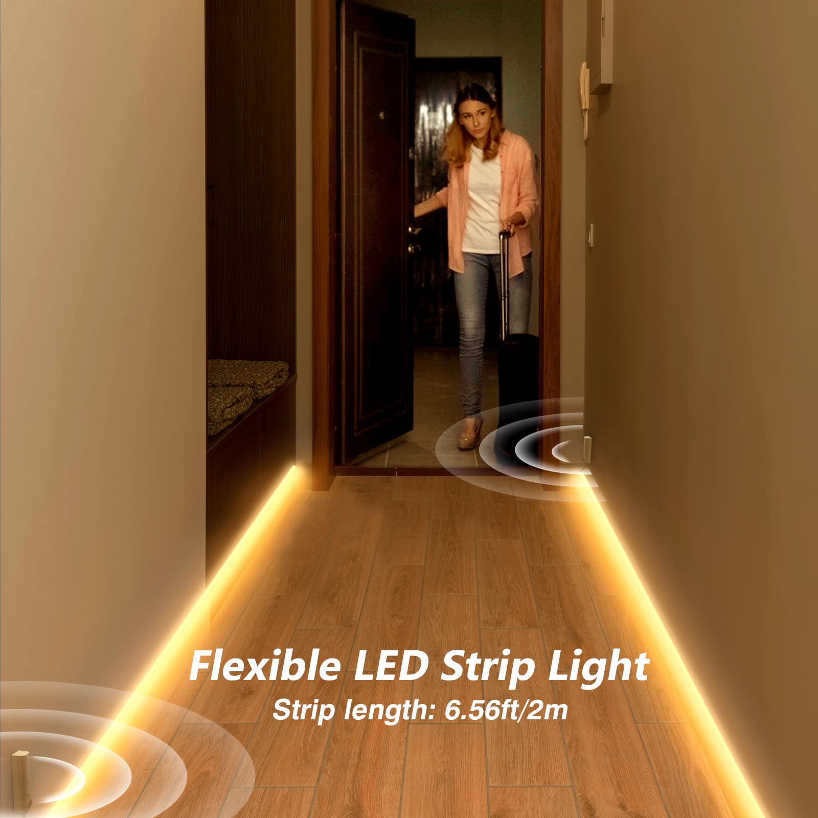 WOBANE Rechargeable Motion Sensor LED Strip Lights - 2 Pack, 6.56ft Battery Operated Closet Lighting with 2700K Warm White for Wardrobe, Stairs, Pantry, Cupboard, Bed, Locker | Perfect for Night Lighting, Home Safety & Dark Space Illumination