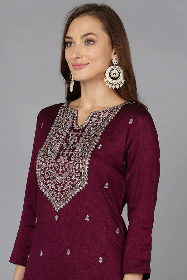 Burgundy Silk Blend Straight Kurta for Women | Elegant Diwali & Festive Wear | Comfortable & Stylish Ethnic Dress for Parties, Weddings & Special Occasions