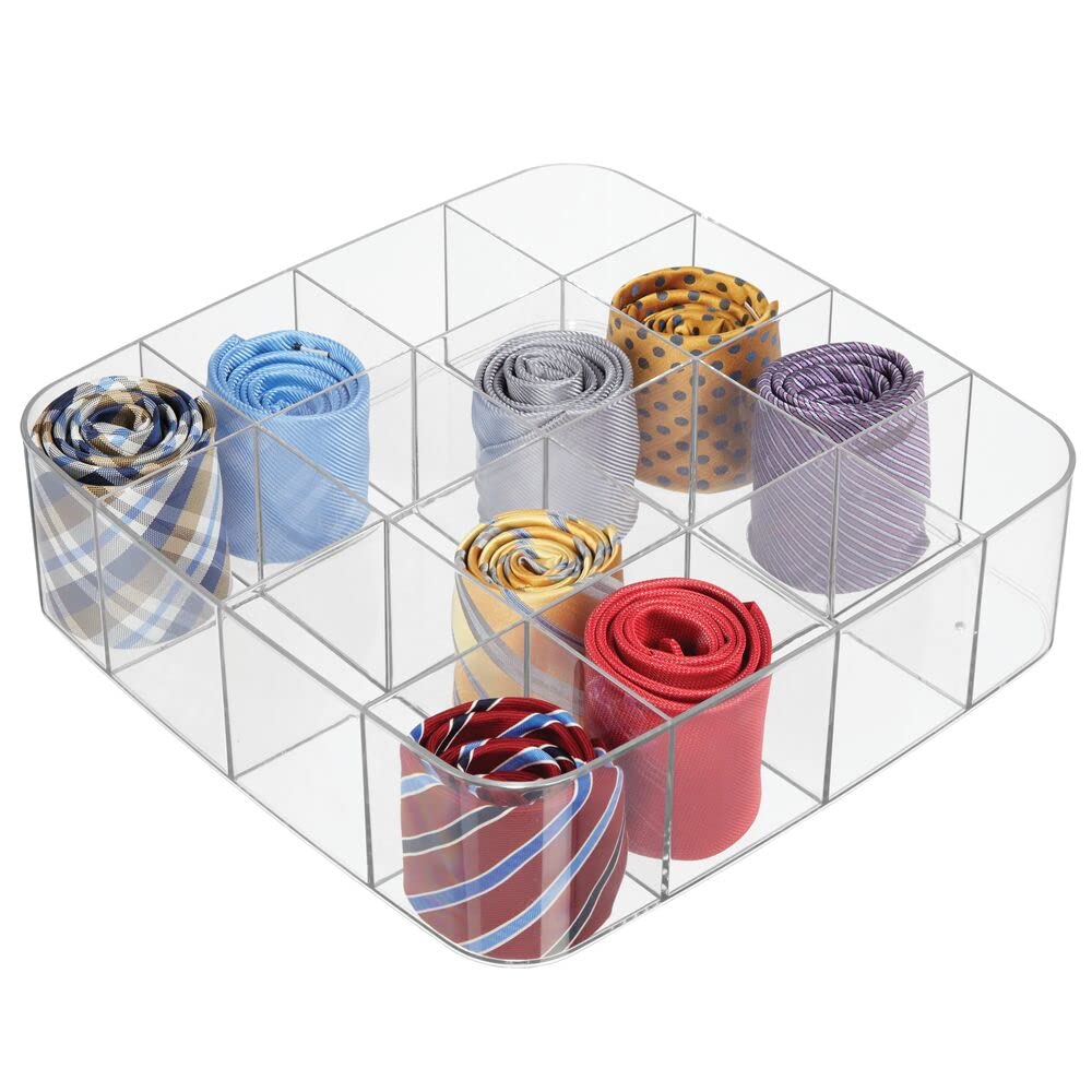mDesign 16-Section Clear Plastic Drawer Organizer for Belts, Ties, Socks & Watches - Closet, Dresser, Bedroom, Bathroom, Office Storage Solution - Perfect for Home Organization & Space Saving