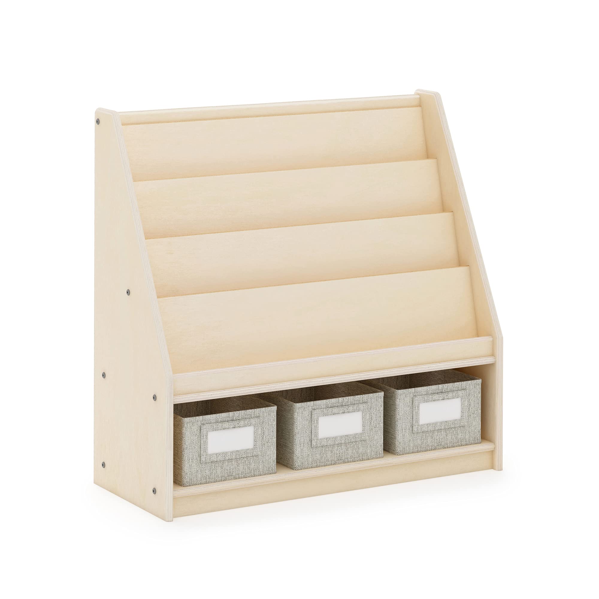 Guidecraft EdQ Natural Wood Book & Bin Display with 3 Fabric Storage Bins - Multi-Purpose Bookcase & Toy Organizer for Homeschool, Classroom & Kids' Room Storage Solutions