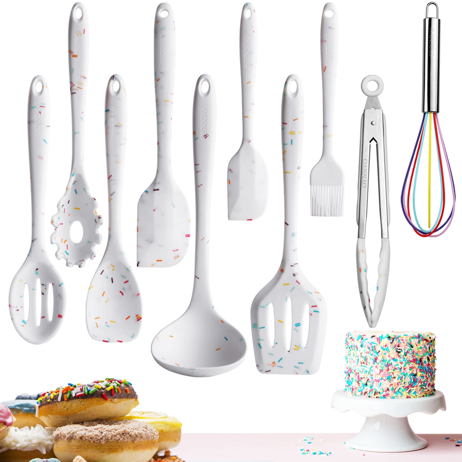 10-Piece Colorful Silicone Cooking Utensil Set - Non-Stick Heat Resistant Kitchen Tools with Turner, Tongs, Spatula, Spoon, Brush & Whisk - Perfect for Baking, Frying & Everyday Cooking