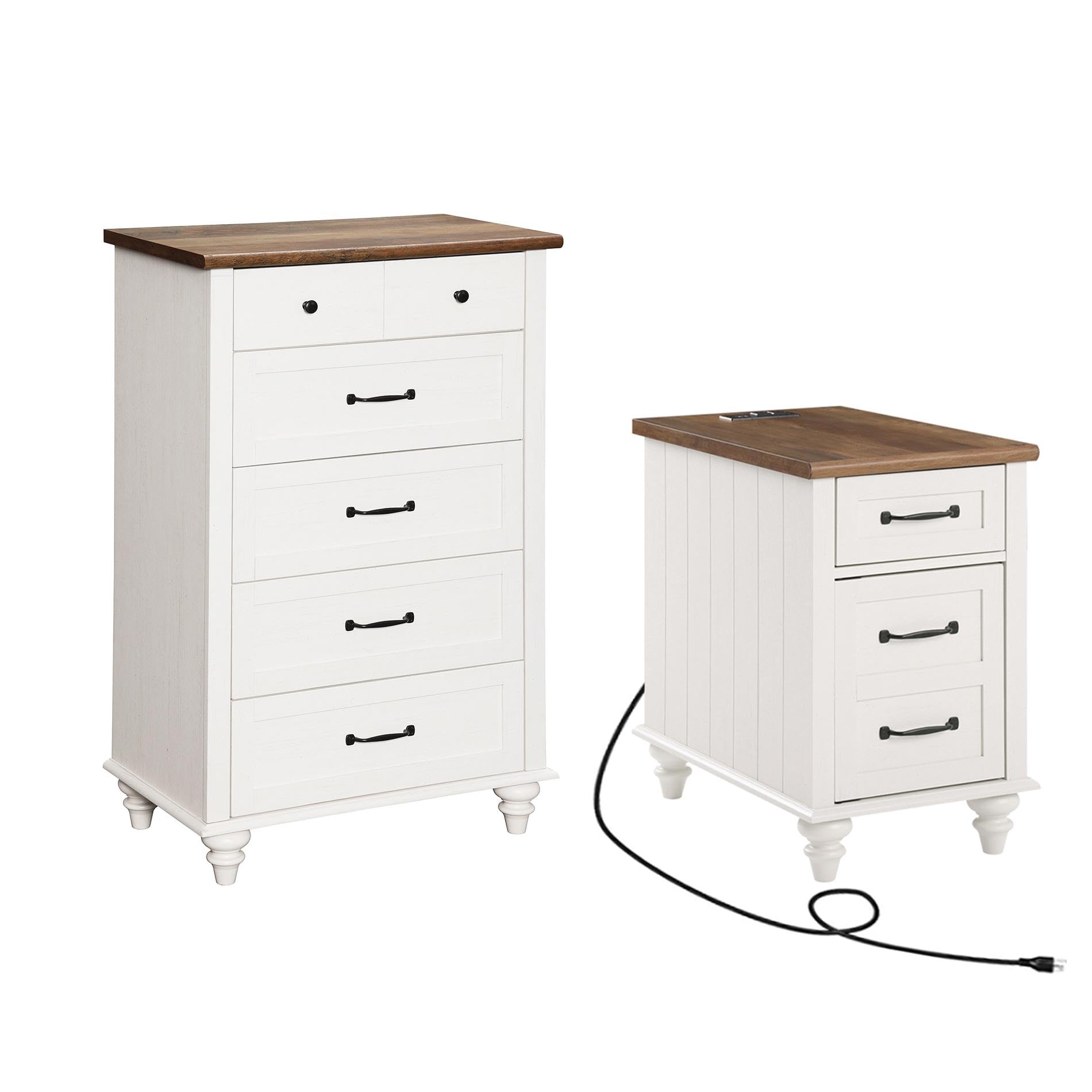 WAMPAT 2-Piece Bedroom Furniture Set - 5-Drawer Tall Dresser & Nightstand with USB Charging Station, Storage Cabinet - Modern Bedroom Dresser Set in Off White - Perfect for Small Spaces, Apartments & Guest Rooms