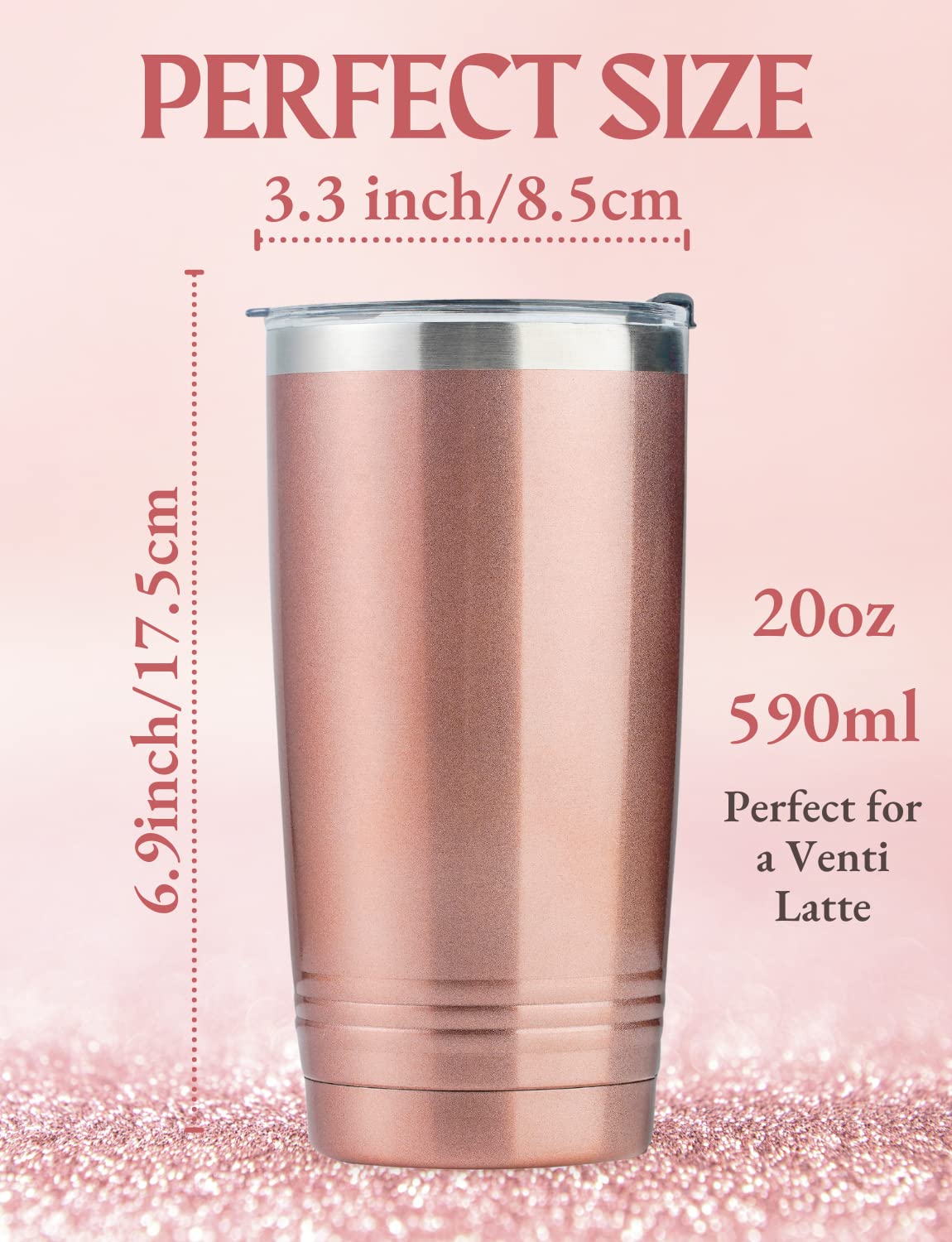 20oz Stainless Steel Tumbler with Lid & Straw - Insulated Gym Water Bottle for Women, Rose Gold Fitness Gift for Her, Birthday & Christmas Presents - Perfect for Workouts, Yoga & Outdoor Activities