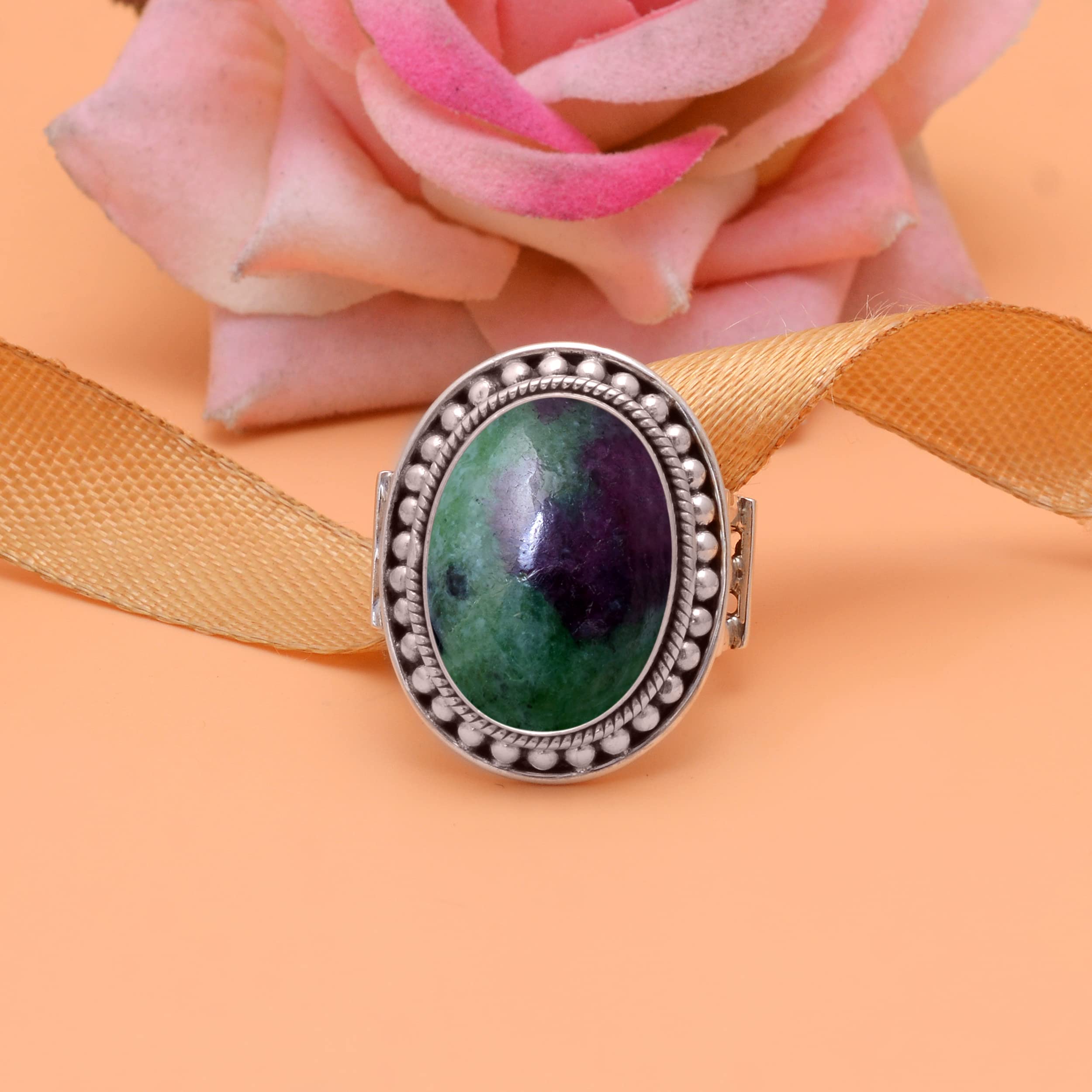 Ruby Zoisite Ring for Women - 925 Sterling Silver Bohemian Jewelry with Green & Red Gemstone - Handmade Trendy Unisex Ring - Perfect for Boho Fashion, Gifts & Everyday Wear - VSR-30